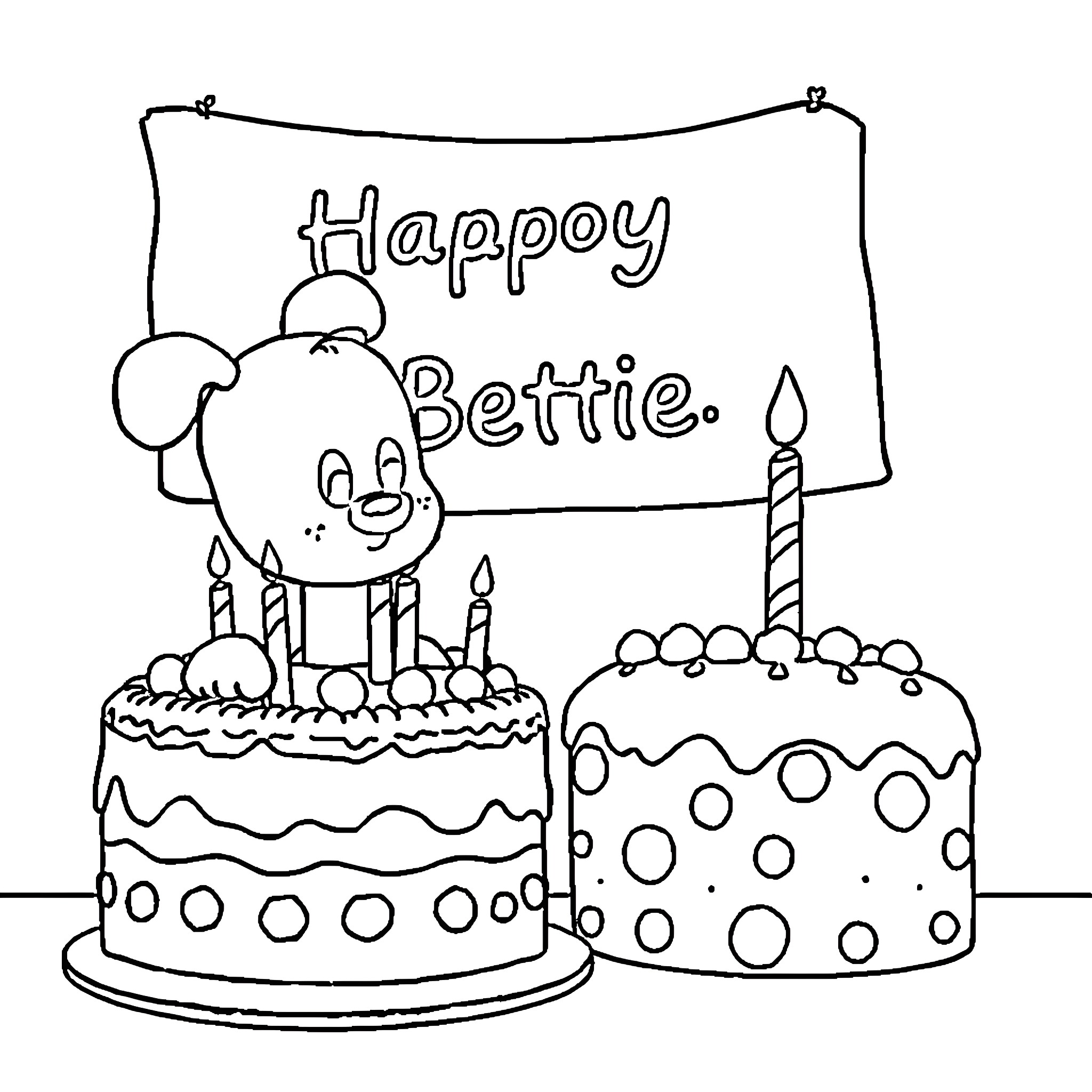 Bluey's Happy Birthday Party Coloring Page (free black-and-white line drawing printable PDF for all, from beginners to advanced learners, including children, teens, adults, and seniors)