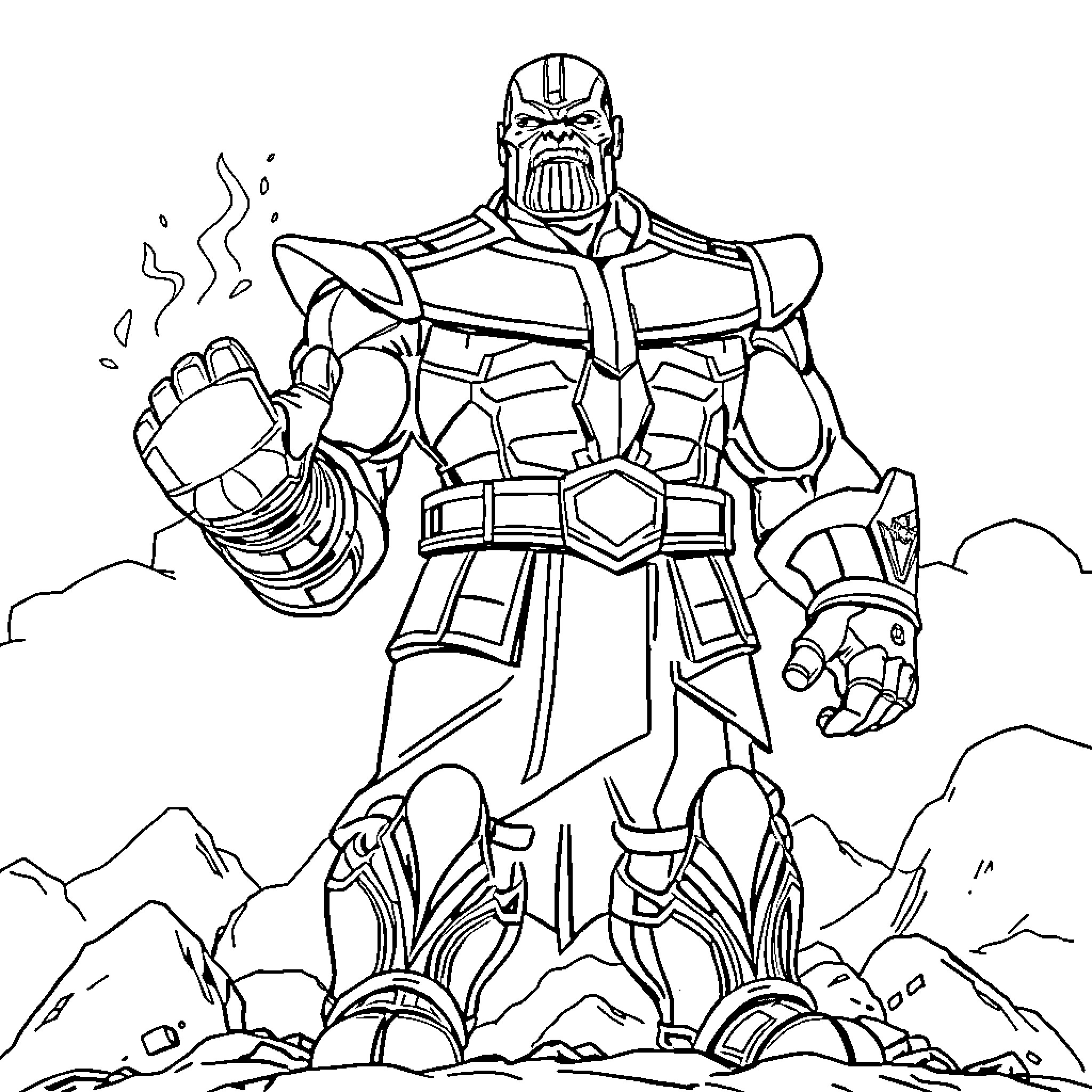 Thanos, the Mighty Titan, Wielding Cosmic Power Coloring Page (free black-and-white line drawing printable PDF for all, from beginners to advanced learners, including children, teens, adults, and seniors)