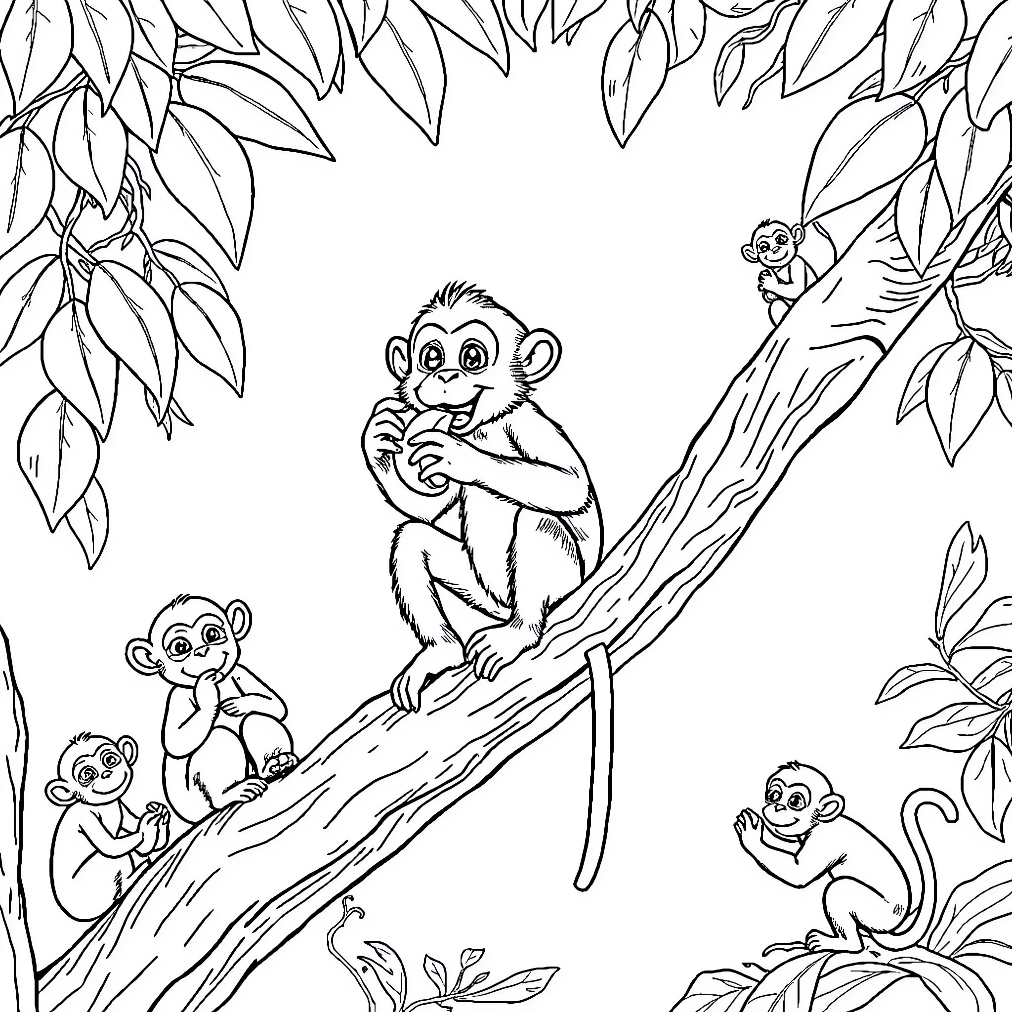 Monkeys playing in the jungle Coloring Page (free black-and-white line drawing printable PDF for all, from beginners to advanced learners, including children, teens, adults, and seniors)