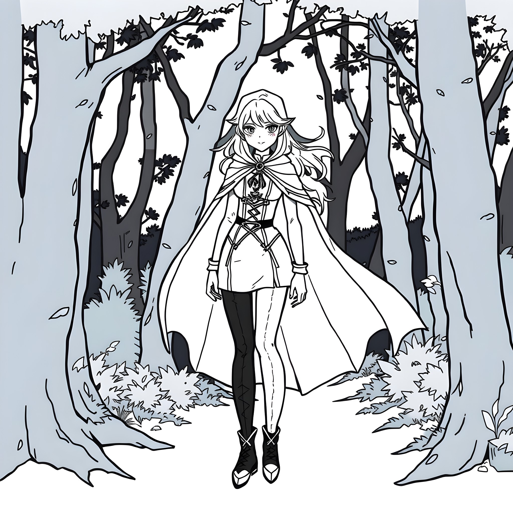 Salem girl in forest with cloak and sword Coloring Page (free black-and-white line drawing printable PDF for all, from beginners to advanced learners, including children, teens, adults, and seniors)