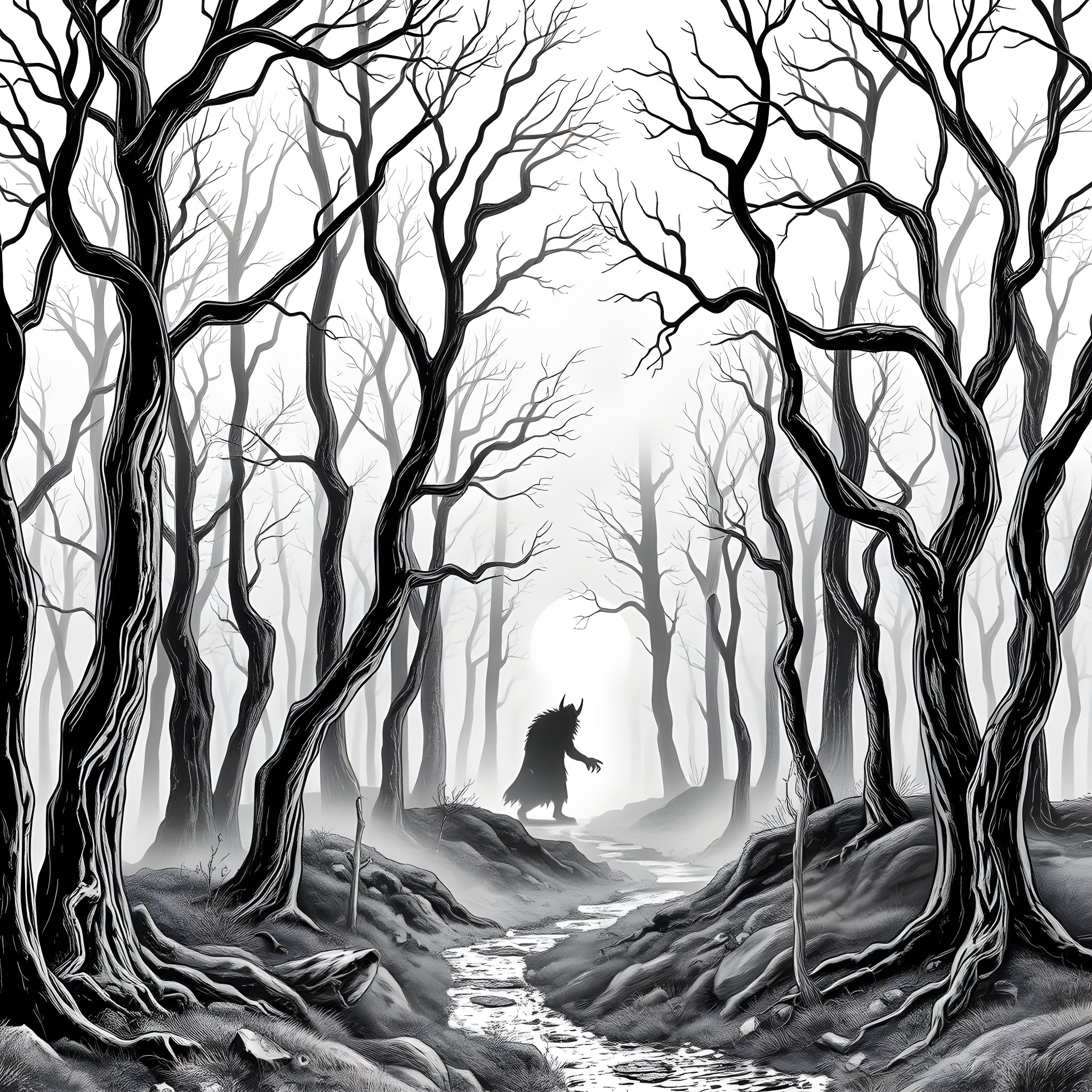 Wendigo stalking through the eerie, twisted forest Coloring Page (free black-and-white line drawing printable PDF for all, from beginners to advanced learners, including children, teens, adults, and seniors)