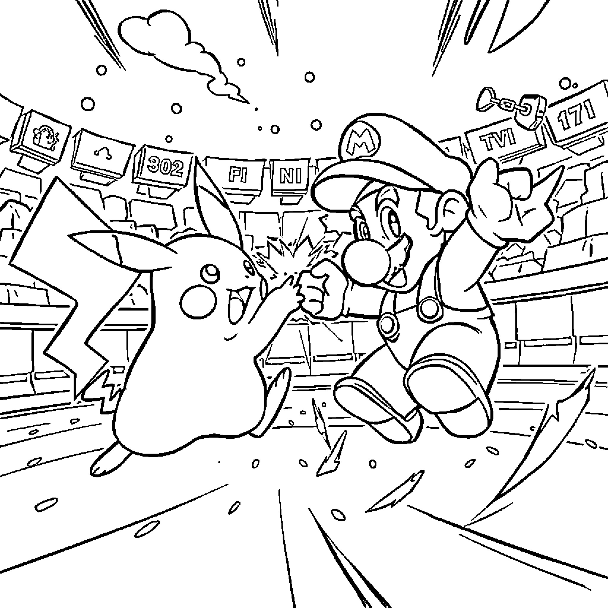 Pikachu engaged in intense battle with Mario Coloring Page (free black-and-white line drawing printable PDF for all, from beginners to advanced learners, including children, teens, adults, and seniors)