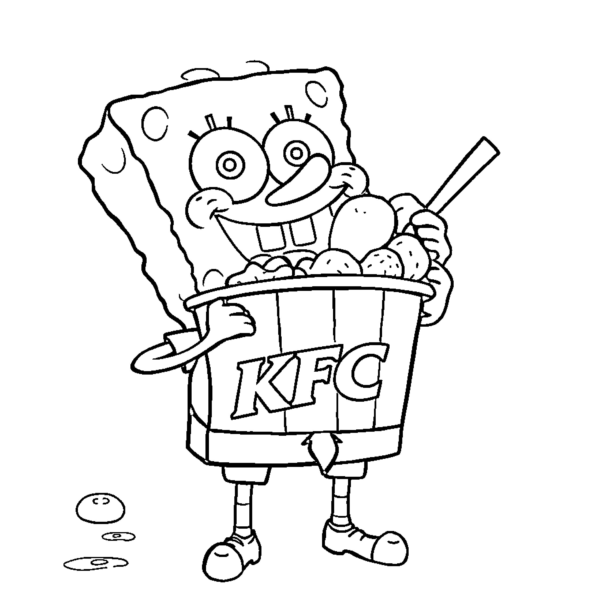 Spongebob enjoys a bucket of KFC Coloring Page (free black-and-white line drawing printable PDF for all, from beginners to advanced learners, including children, teens, adults, and seniors)