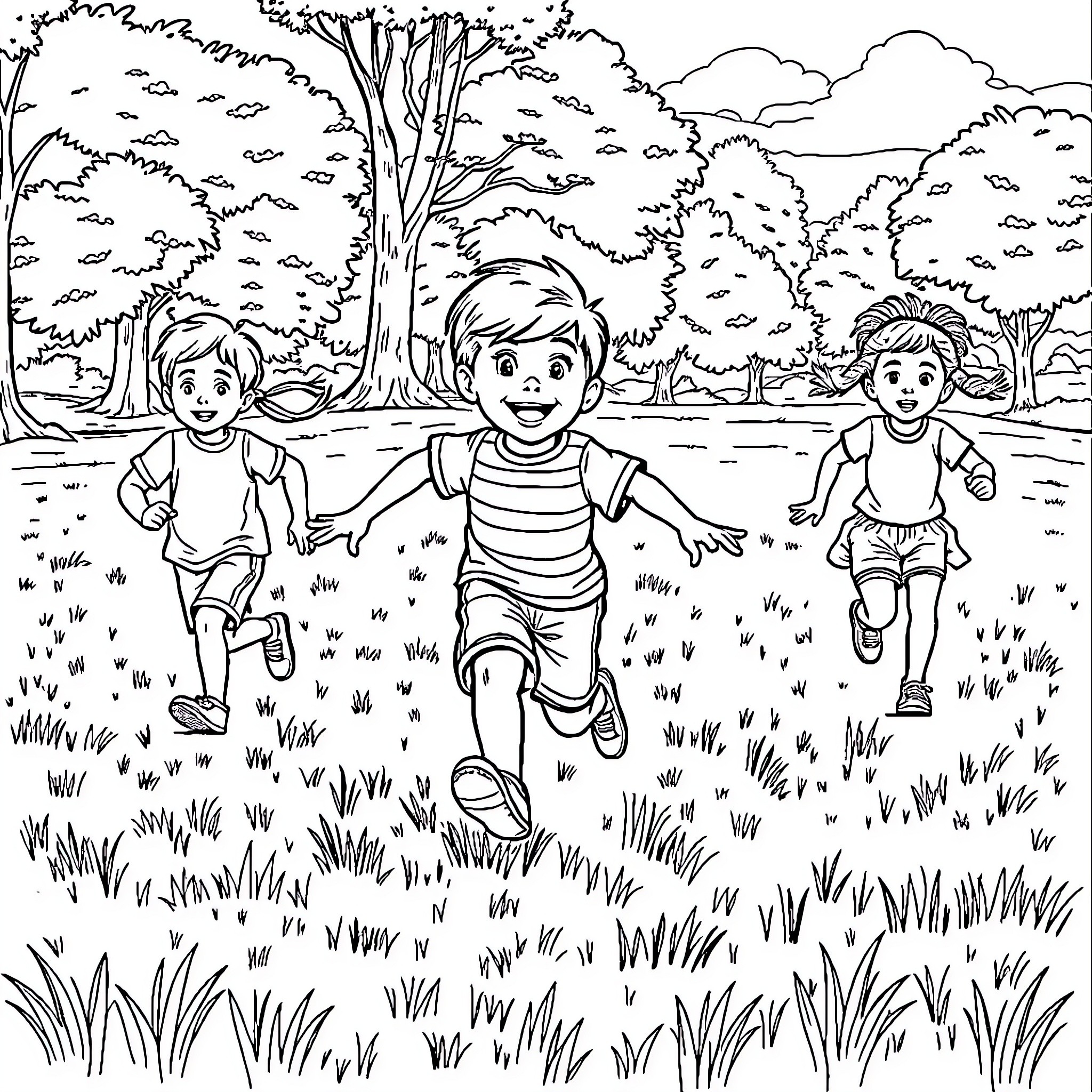 Boys playing joyfully in the park Coloring Page (free black-and-white line drawing printable PDF for all, from beginners to advanced learners, including children, teens, adults, and seniors)