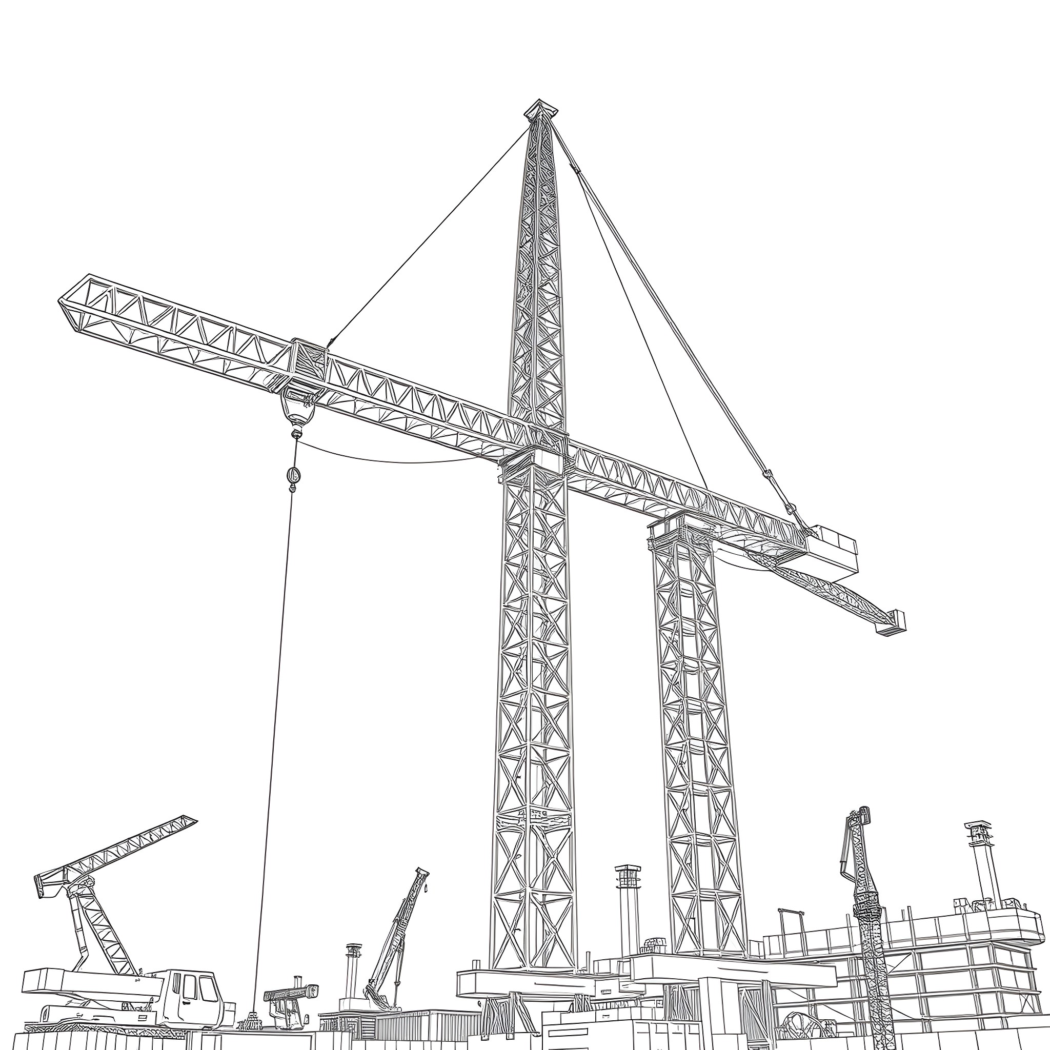 Lattice Boom Crane Lifting Equipment on Construction Site Coloring Page (free black-and-white line drawing printable PDF for all, from beginners to advanced learners, including children, teens, adults, and seniors)