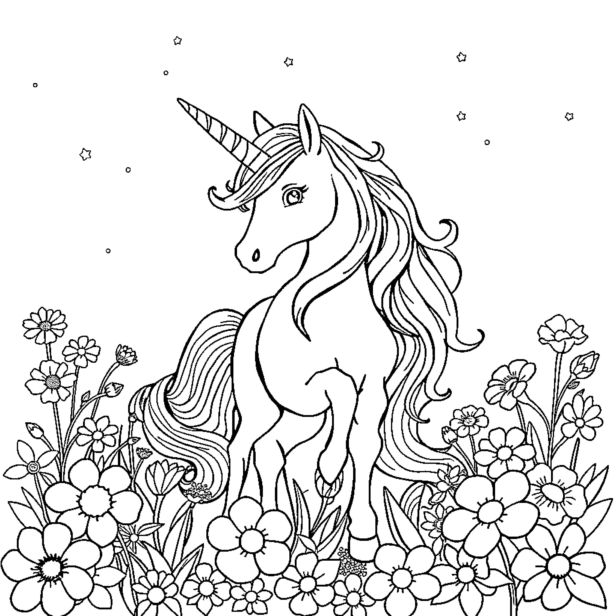 Unicorn standing amidst blooming flowers Coloring Page (free black-and-white line drawing printable PDF for all, from beginners to advanced learners, including children, teens, adults, and seniors)