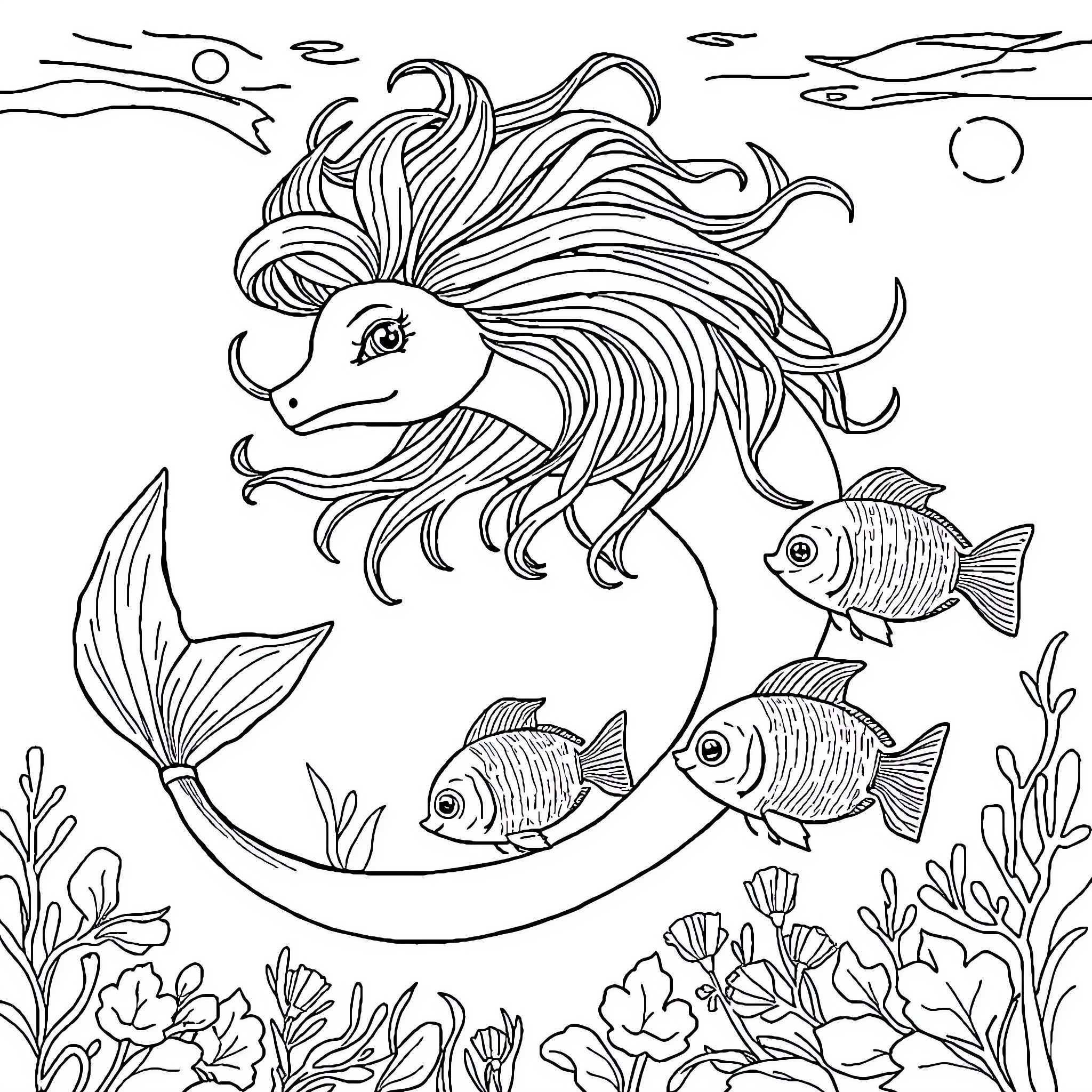 Mermaid Swimming with Colorful Marine Life Coloring Page (free black-and-white line drawing printable PDF for all, from beginners to advanced learners, including children, teens, adults, and seniors)