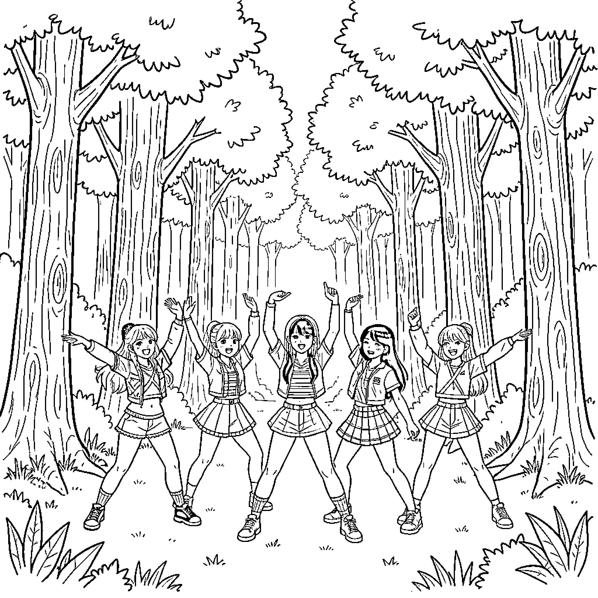 K Pop idols dancing energetically in a forest Coloring Page (free black-and-white line drawing printable PDF for all, from beginners to advanced learners, including children, teens, adults, and seniors)