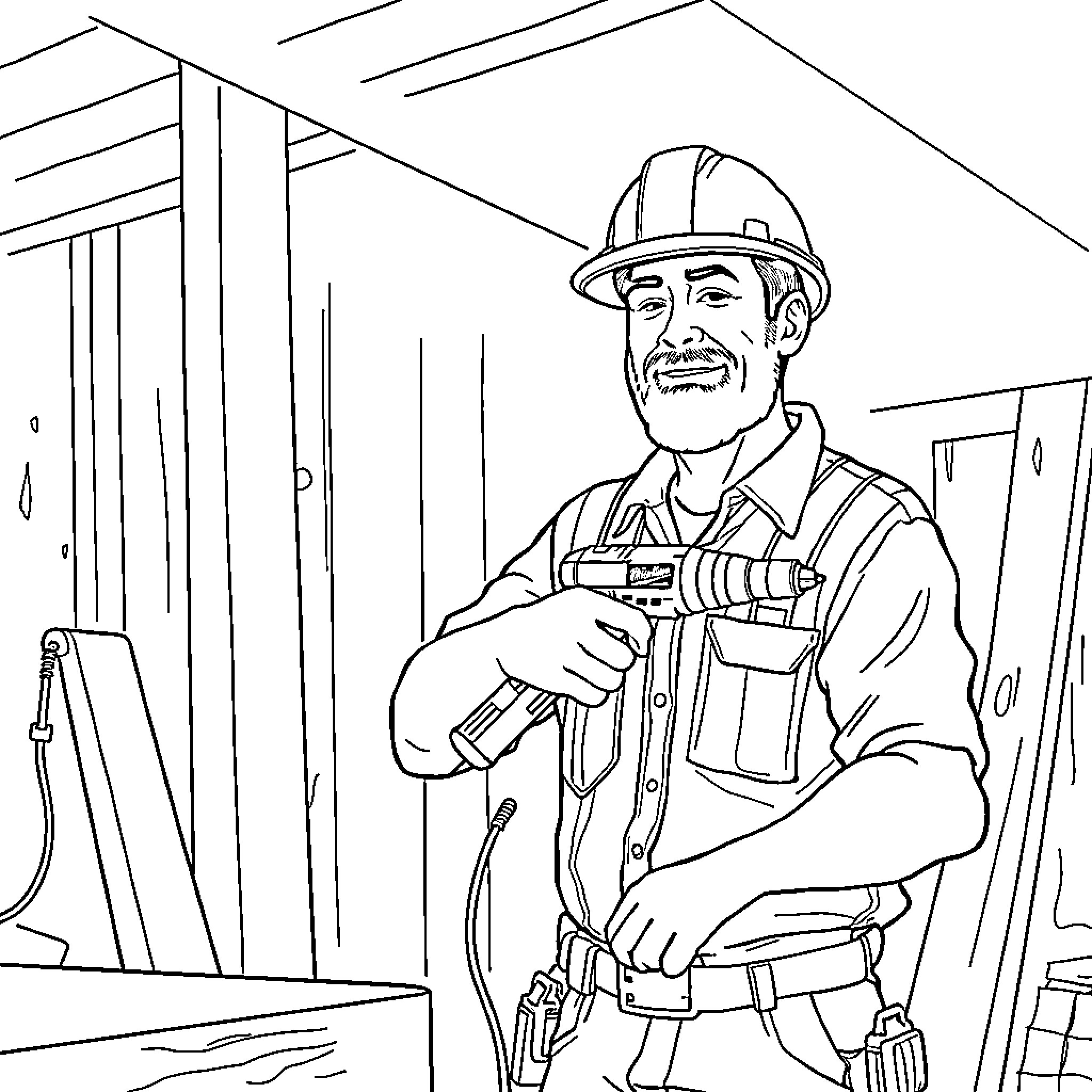 Father at work, fixing tools in the construction site Coloring Page (free black-and-white line drawing printable PDF for all, from beginners to advanced learners, including children, teens, adults, and seniors)