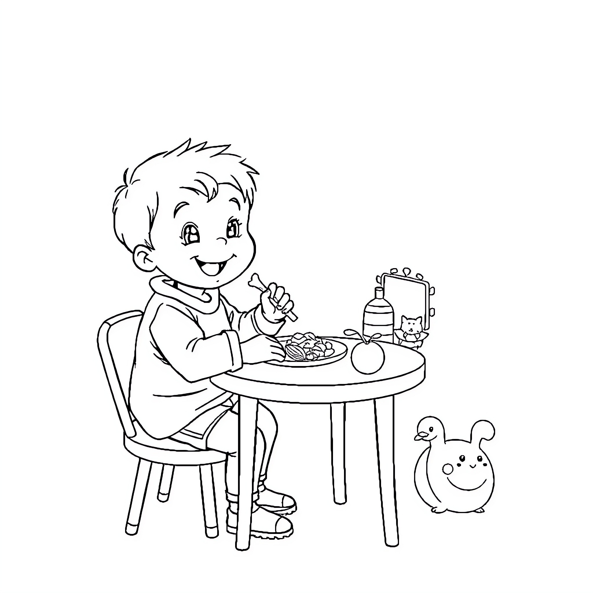 Child having a meal with pet at the table Coloring Page (free black-and-white line drawing printable PDF for all, from beginners to advanced learners, including children, teens, adults, and seniors)