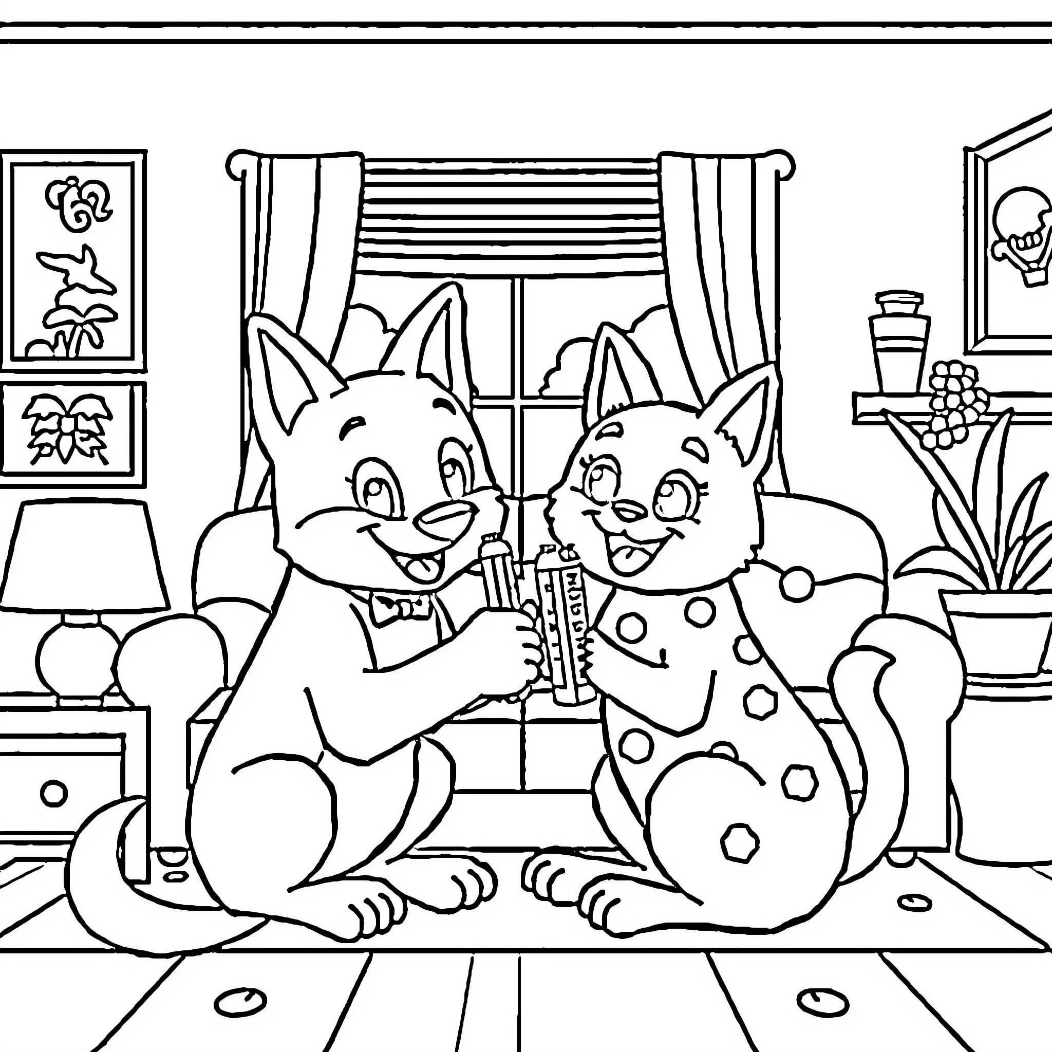 Bluey and Bingo playing together at home Coloring Page (free black-and-white line drawing printable PDF for all, from beginners to advanced learners, including children, teens, adults, and seniors)
