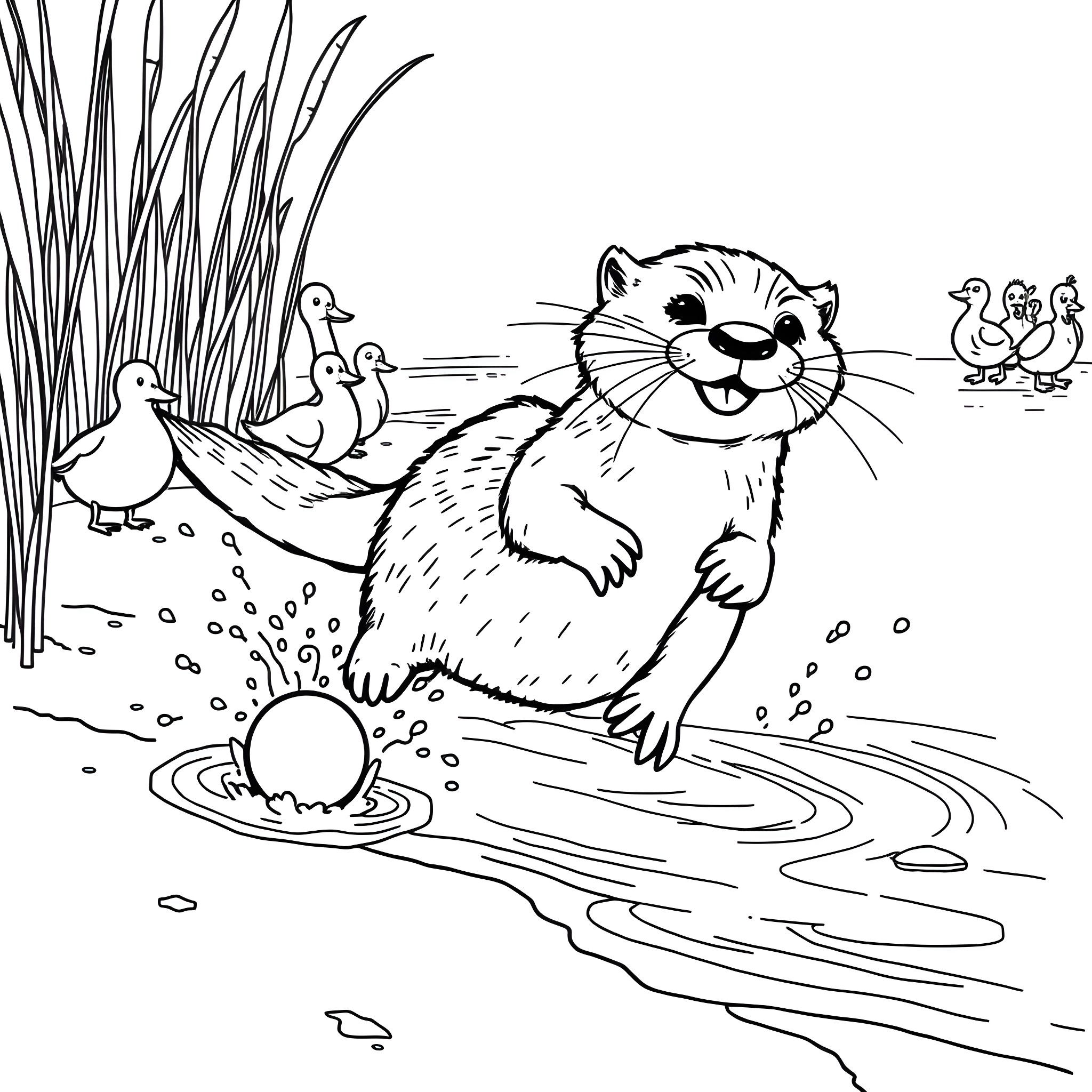 Otter playing happily in the pond with ducklings Coloring Page (free black-and-white line drawing printable PDF for all, from beginners to advanced learners, including children, teens, adults, and seniors)