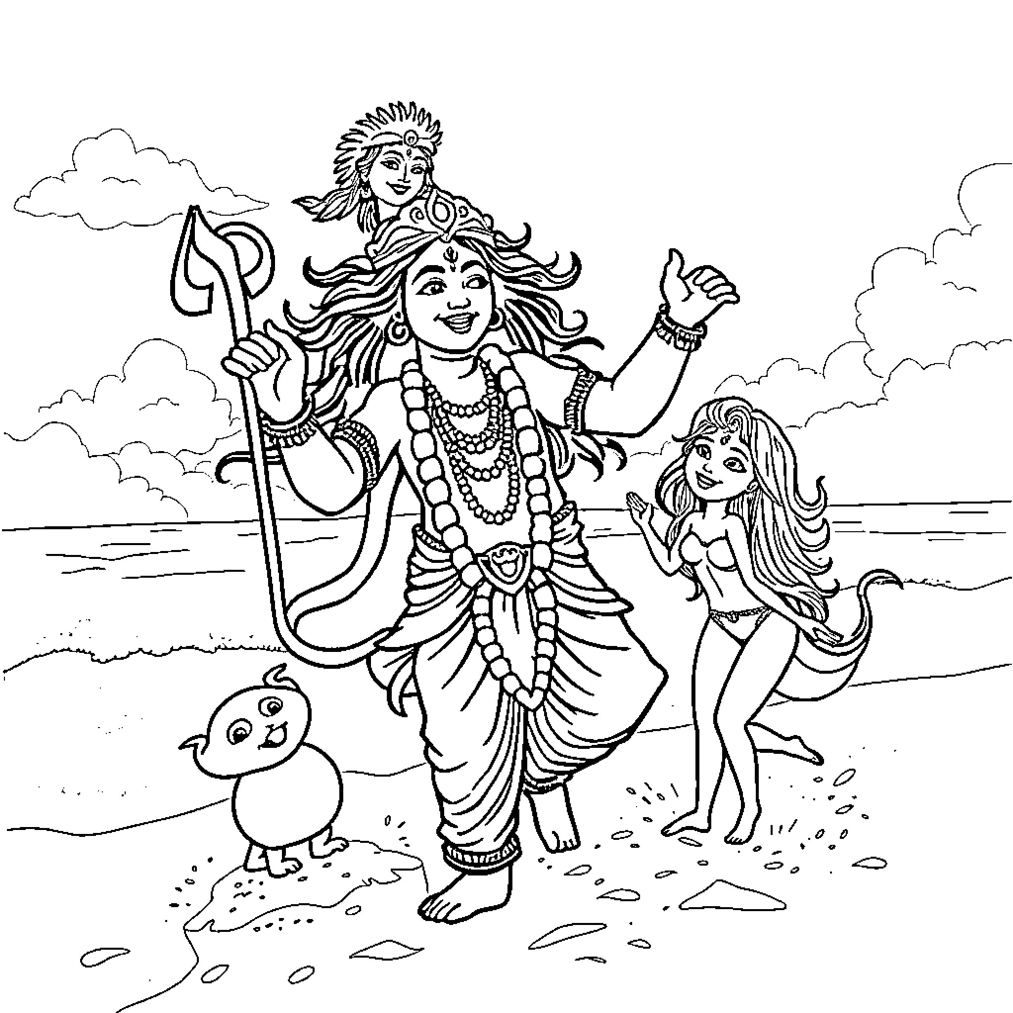 Krishna and his devotees enjoying by the seaside Coloring Page (free black-and-white line drawing printable PDF for all, from beginners to advanced learners, including children, teens, adults, and seniors)