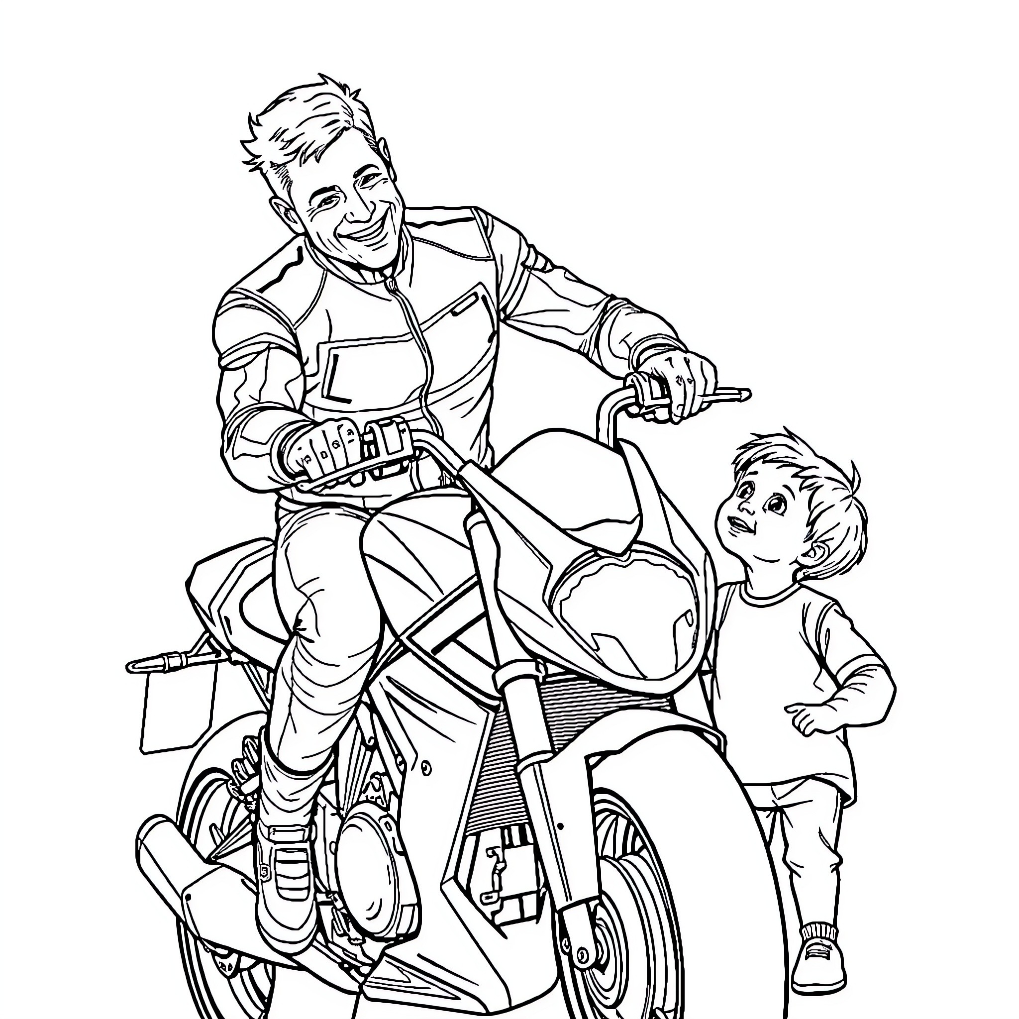 Dad takes son for a joyful motorcycle ride Coloring Page (free black-and-white line drawing printable PDF for all, from beginners to advanced learners, including children, teens, adults, and seniors)