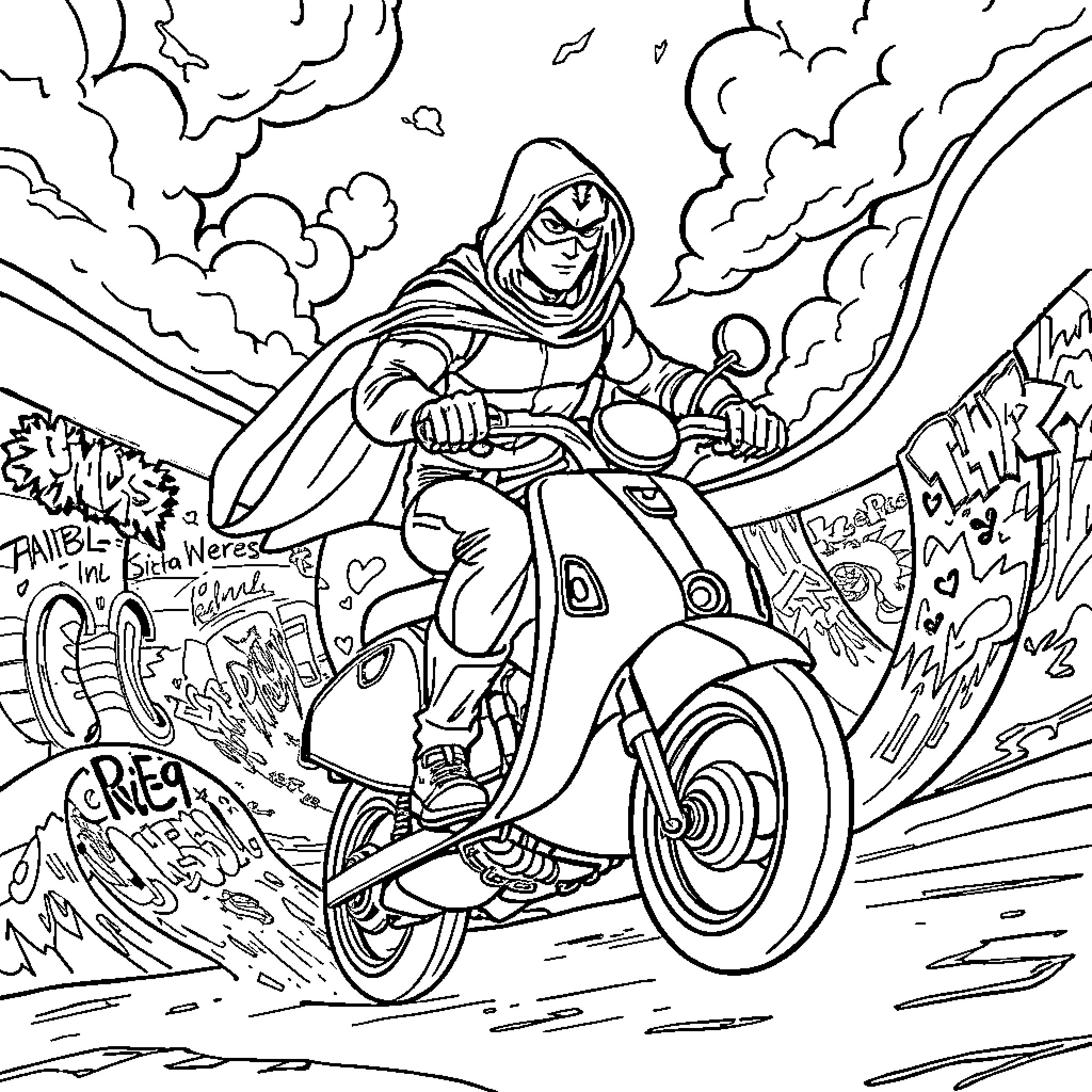Héroe riding a motorcycle in a cloud of smoke Coloring Page (free black-and-white line drawing printable PDF for all, from beginners to advanced learners, including children, teens, adults, and seniors)