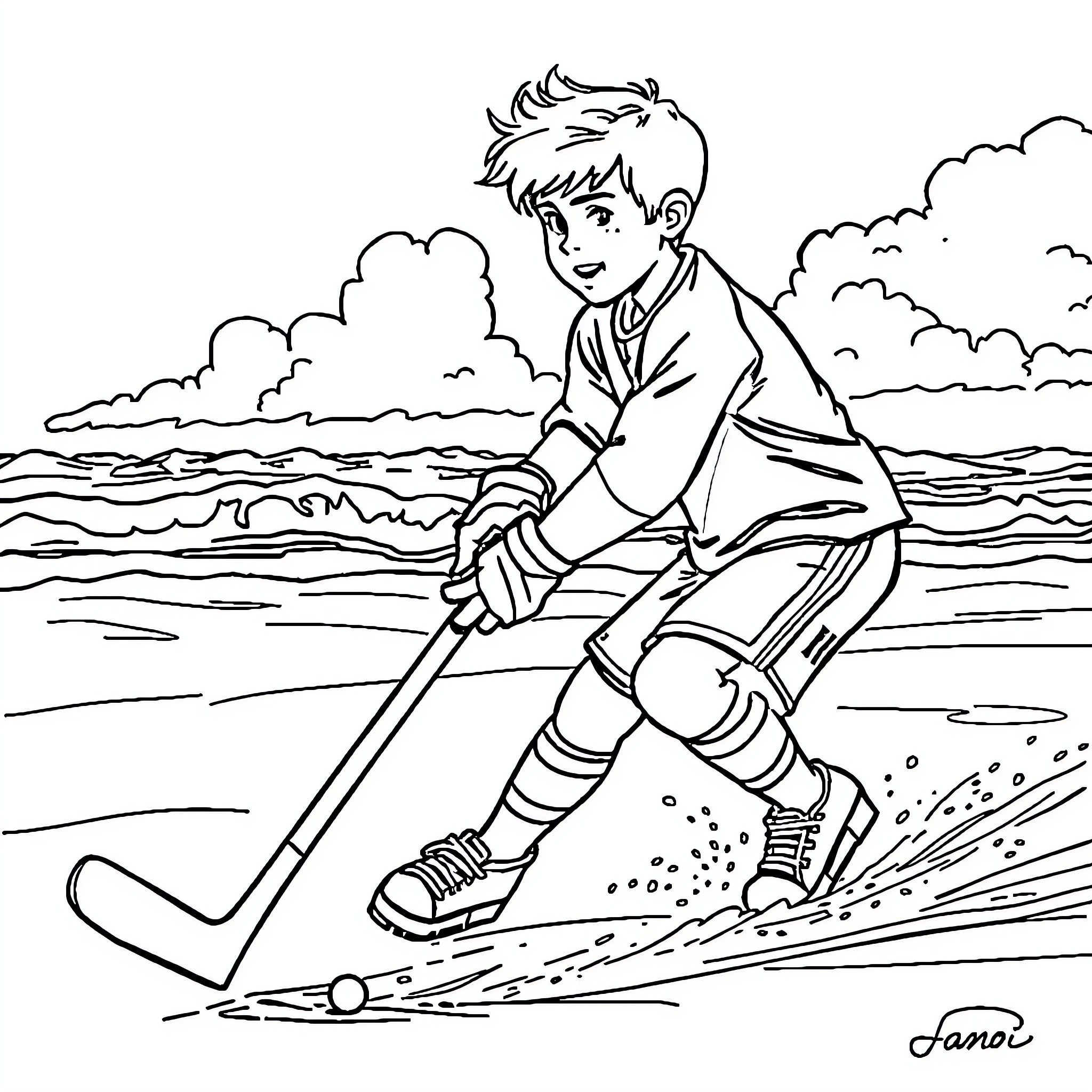Cole Caufield playing hockey on the lake Coloring Page (free black-and-white line drawing printable PDF for all, from beginners to advanced learners, including children, teens, adults, and seniors)