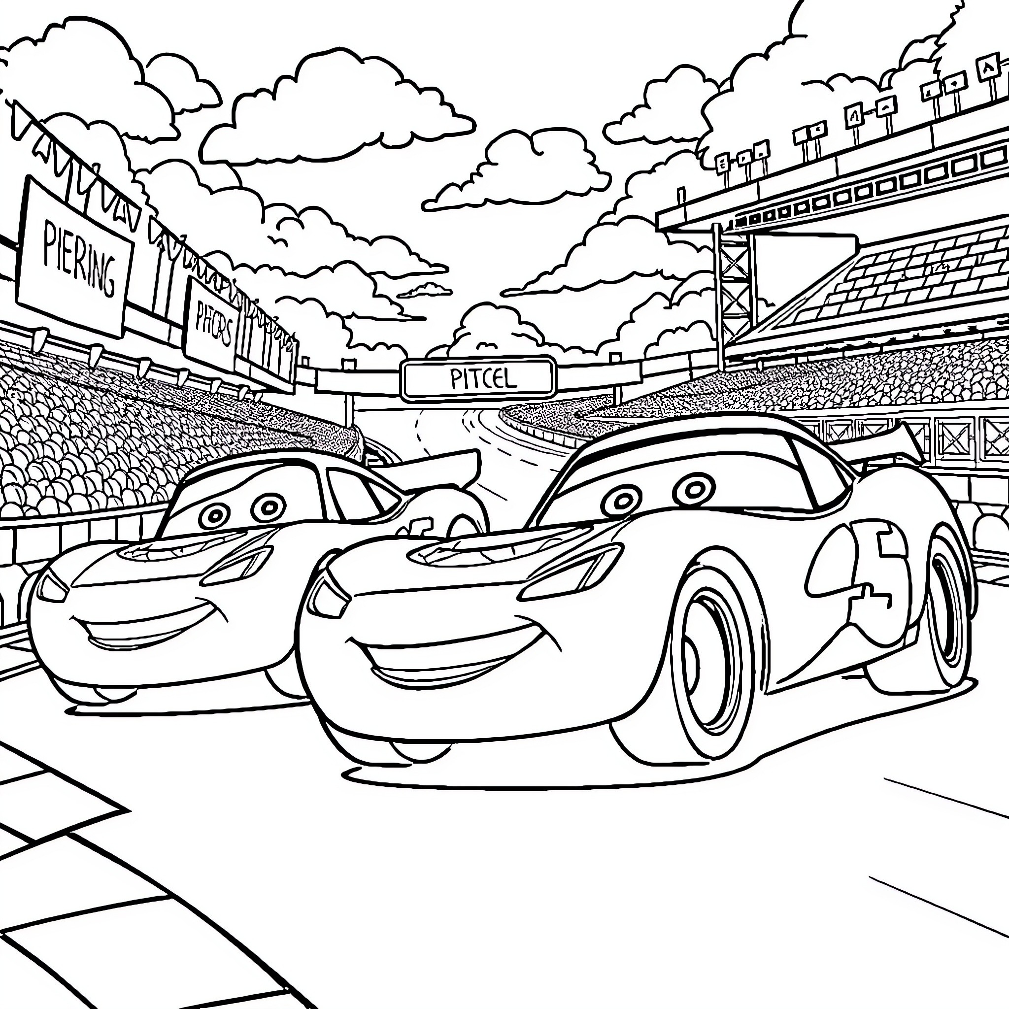 Cars racing on the track in a sports event Coloring Page (free black-and-white line drawing printable PDF for all, from beginners to advanced learners, including children, teens, adults, and seniors)