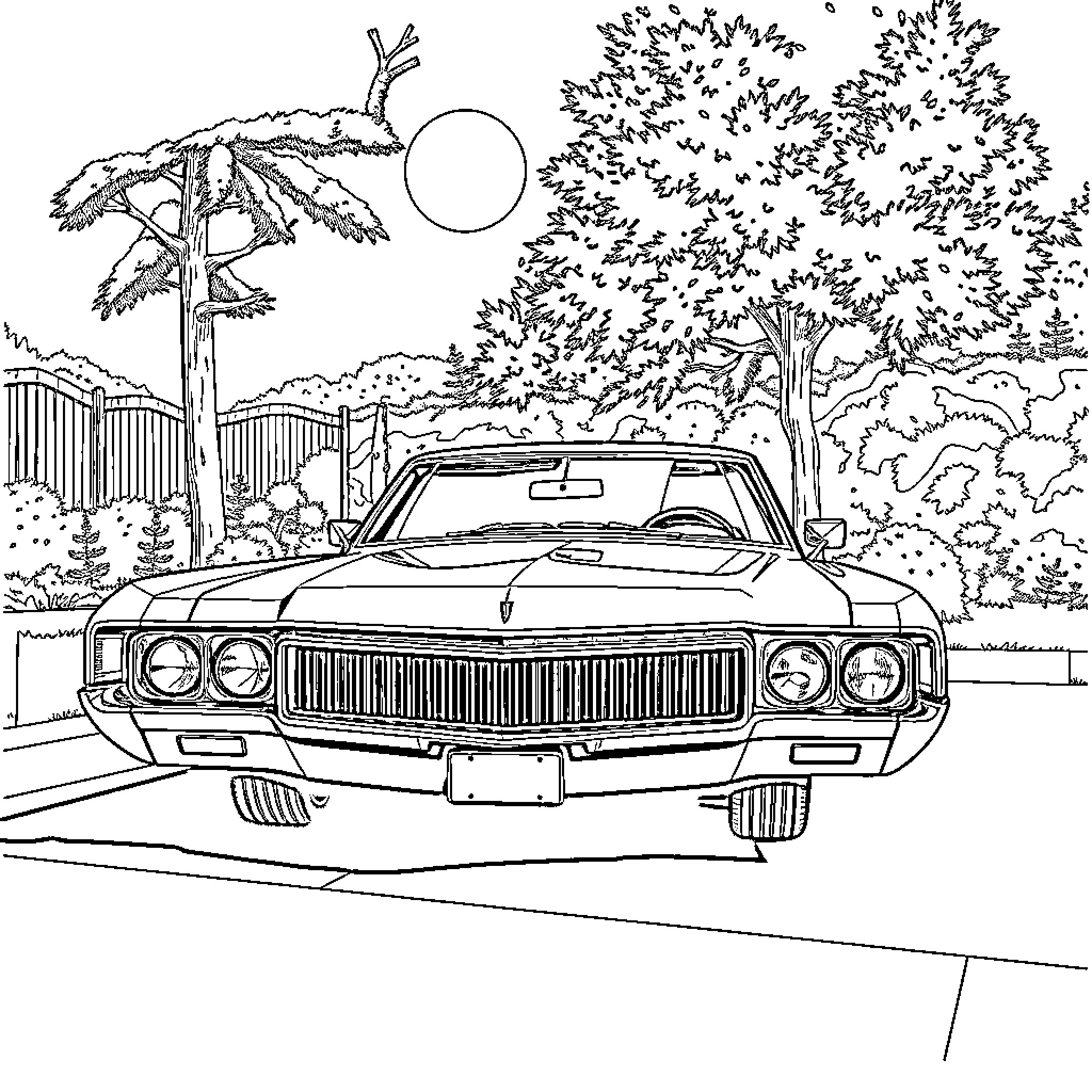 Buick vintage car parked on a countryside road Coloring Page (free black-and-white line drawing printable PDF for all, from beginners to advanced learners, including children, teens, adults, and seniors)