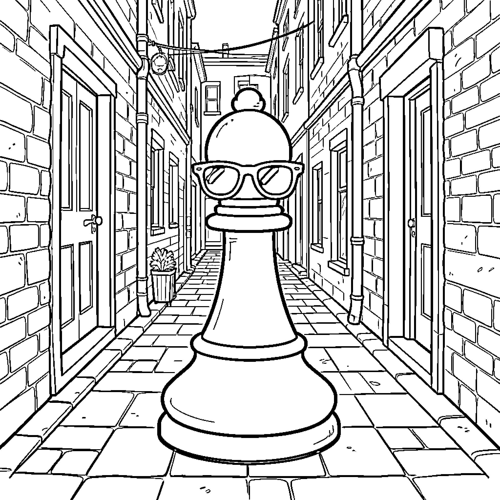 Pawn wearing sunglasses in a narrow alleyway Coloring Page (free black-and-white line drawing printable PDF for all, from beginners to advanced learners, including children, teens, adults, and seniors)