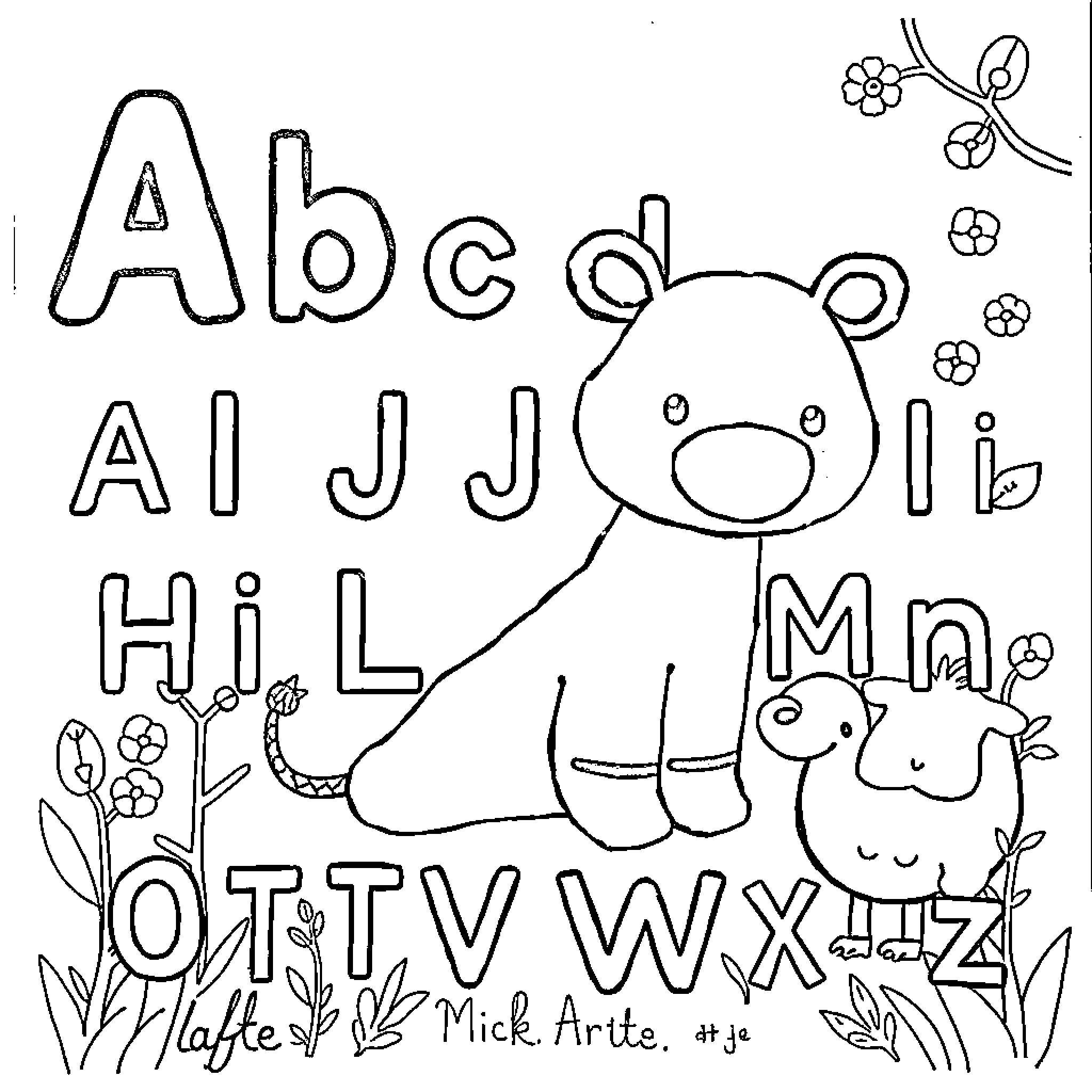 Alphabet with playful animals and flowers Coloring Page (free black-and-white line drawing printable PDF for all, from beginners to advanced learners, including children, teens, adults, and seniors)