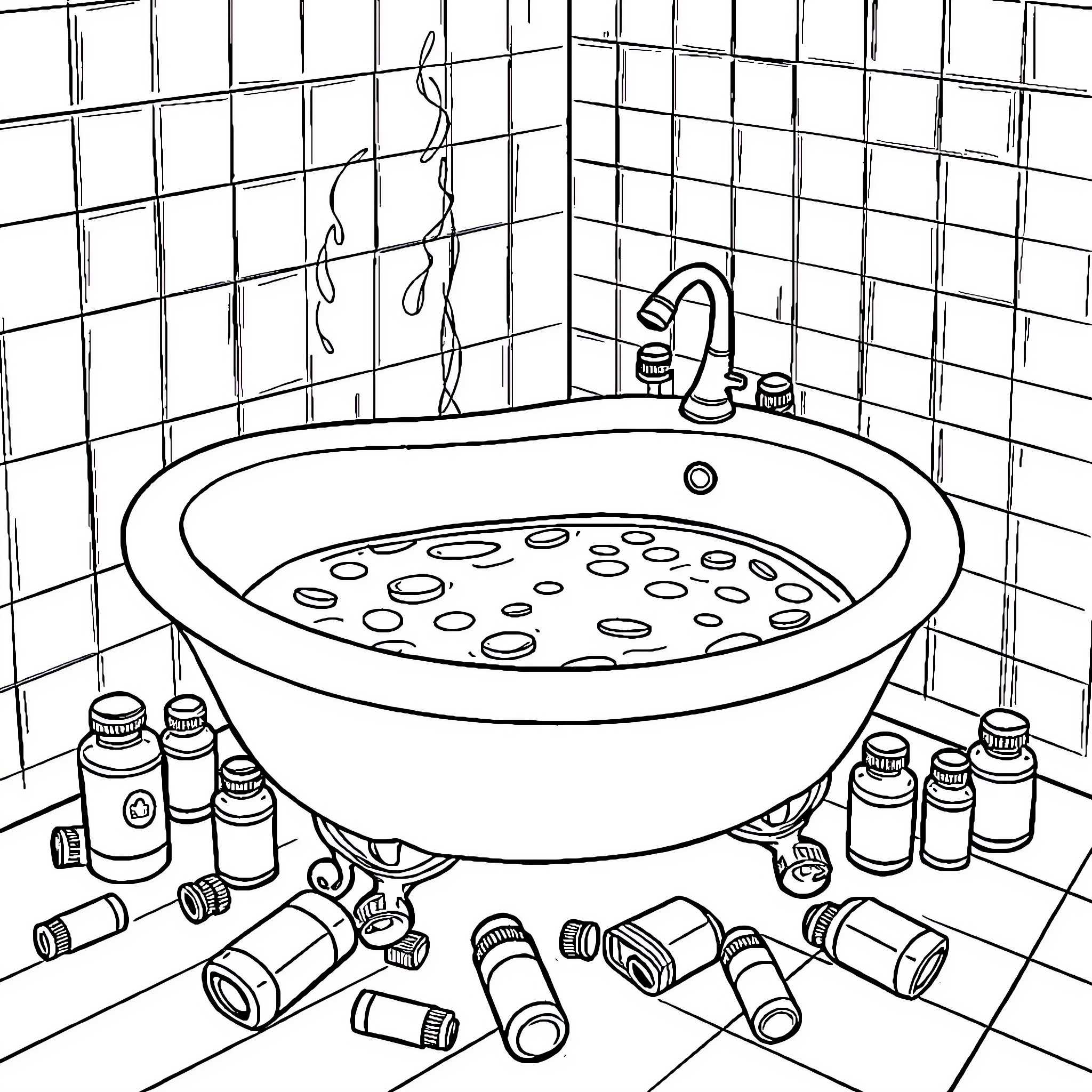 Medicine cabinet and bathtub in bathroom Coloring Page (free black-and-white line drawing printable PDF for all, from beginners to advanced learners, including children, teens, adults, and seniors)