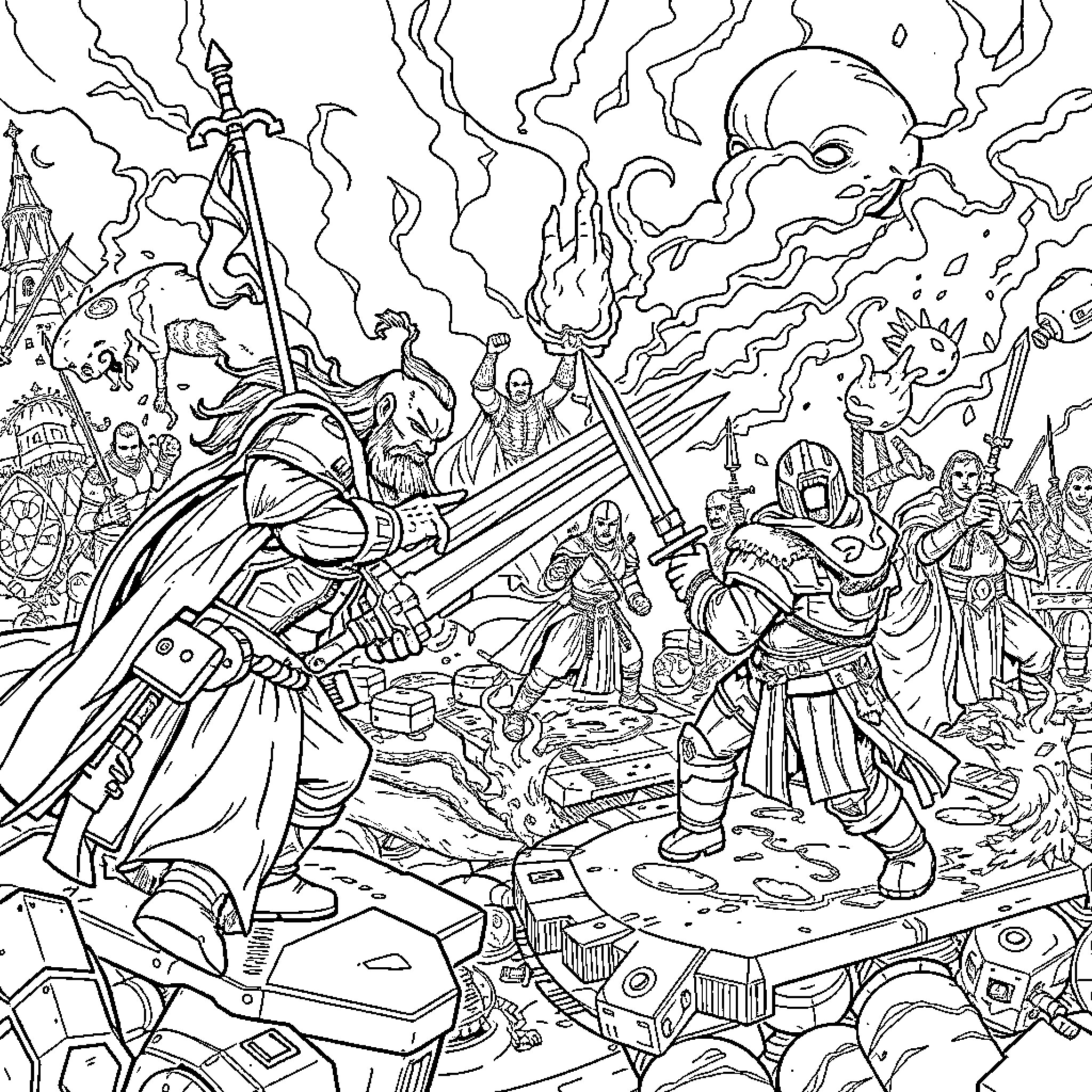 Warhammer epic battle of warriors and mystical creatures Coloring Page (free black-and-white line drawing printable PDF for all, from beginners to advanced learners, including children, teens, adults, and seniors)