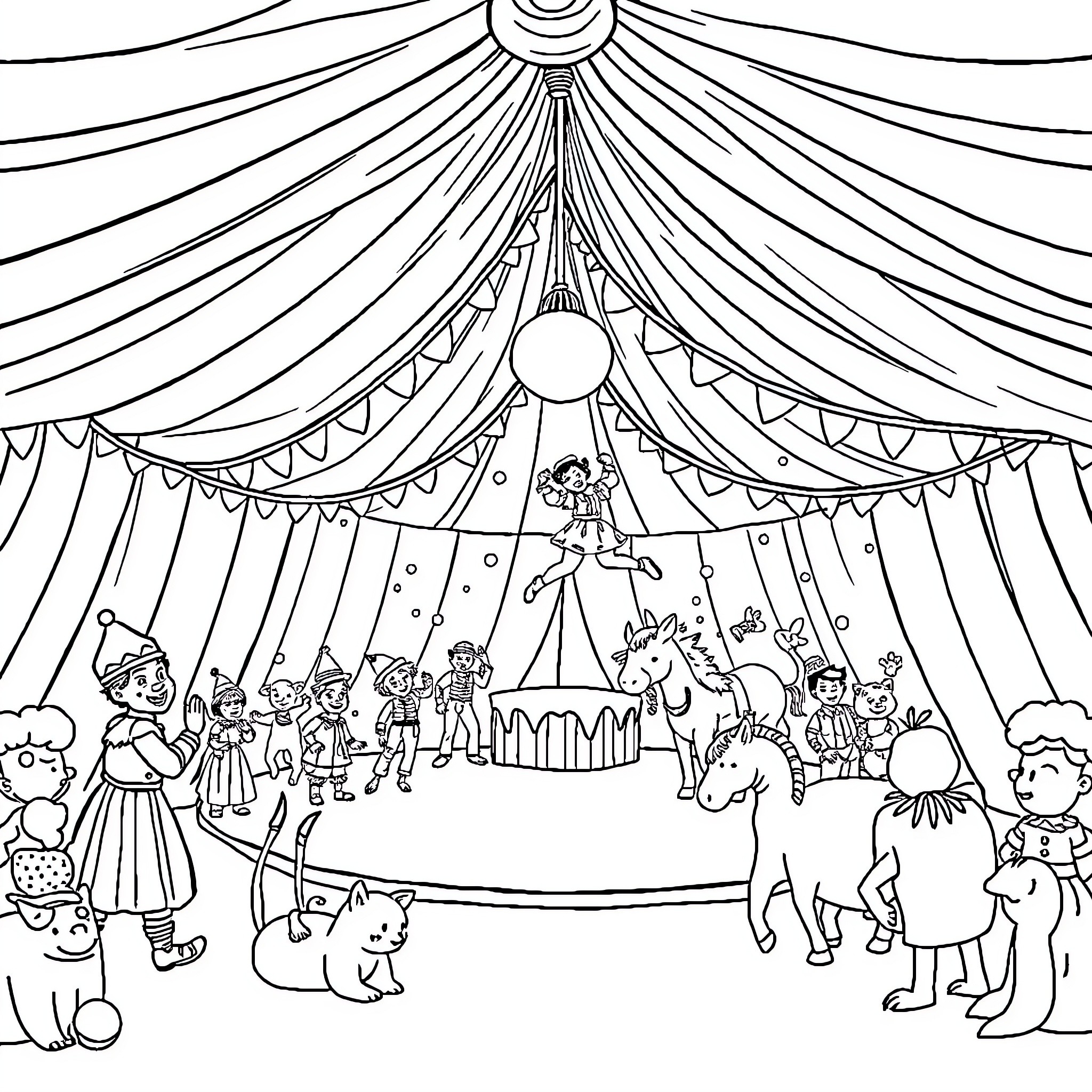 Circus performers entertaining the crowd Coloring Page (free black-and-white line drawing printable PDF for all, from beginners to advanced learners, including children, teens, adults, and seniors)