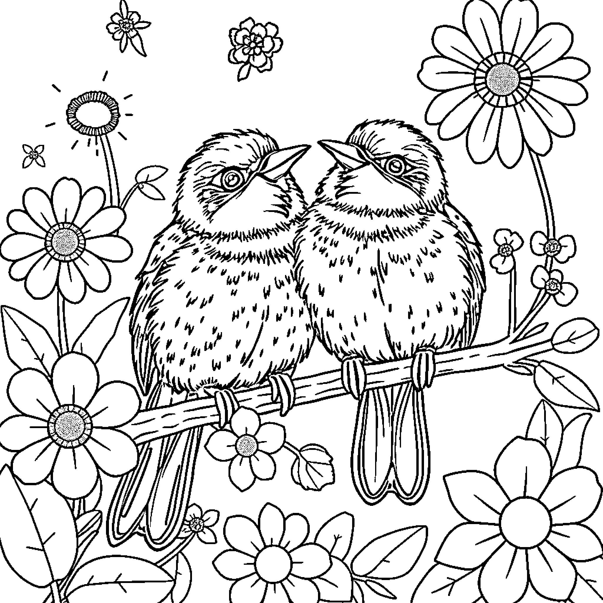 Bird pair perching among blooming flowers Coloring Page (free black-and-white line drawing printable PDF for all, from beginners to advanced learners, including children, teens, adults, and seniors)