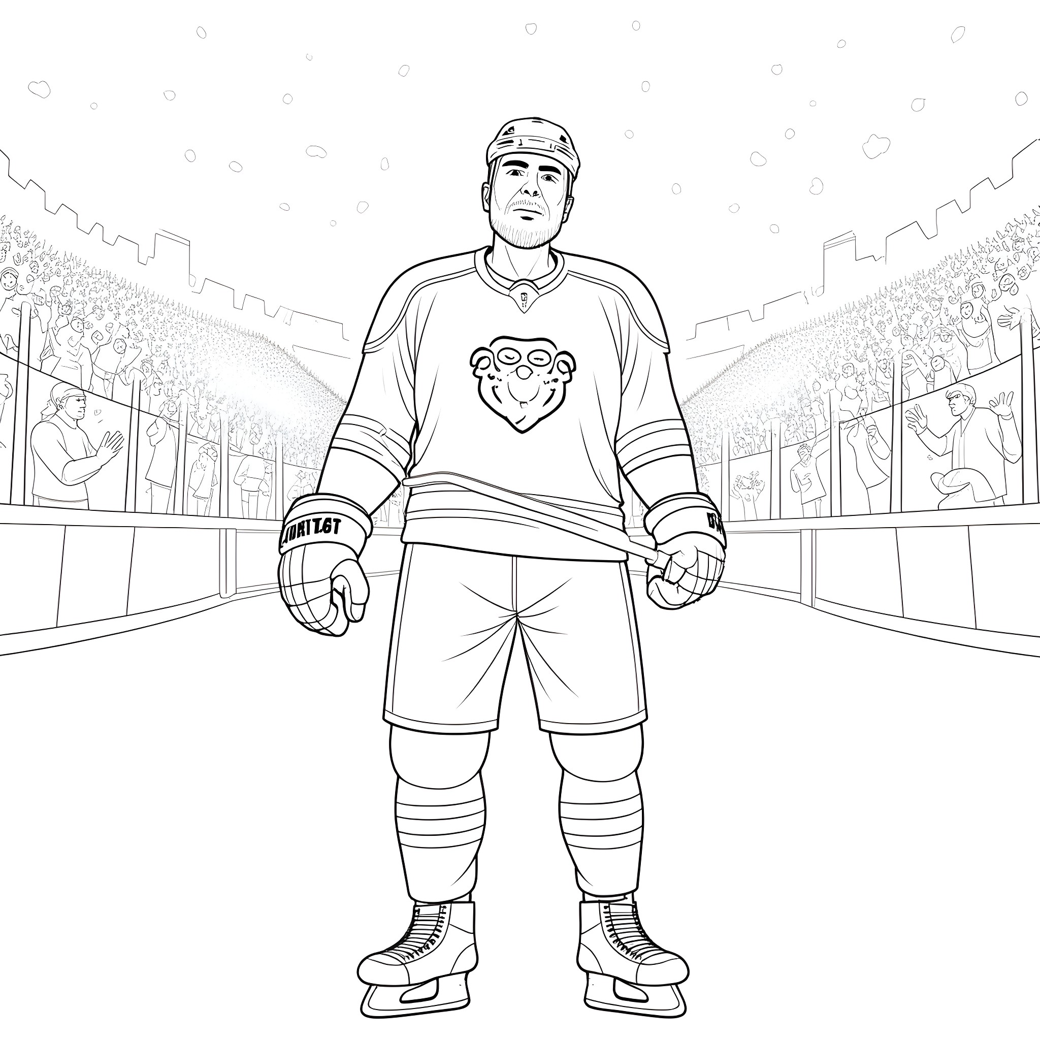 Sven the Hockey Player on the Ice Rink Coloring Page (free black-and-white line drawing printable PDF for all, from beginners to advanced learners, including children, teens, adults, and seniors)
