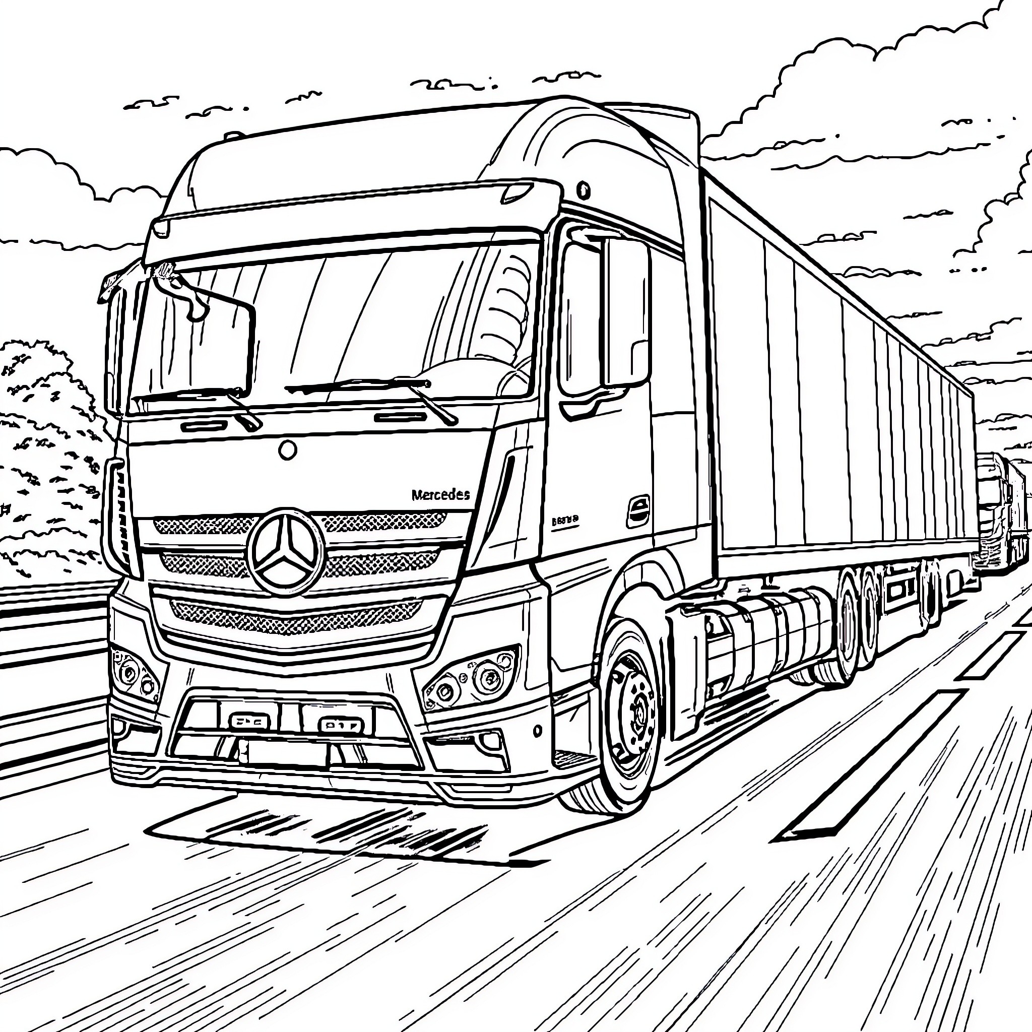 Truck driving swiftly on the highway Coloring Page (free black-and-white line drawing printable PDF for all, from beginners to advanced learners, including children, teens, adults, and seniors)