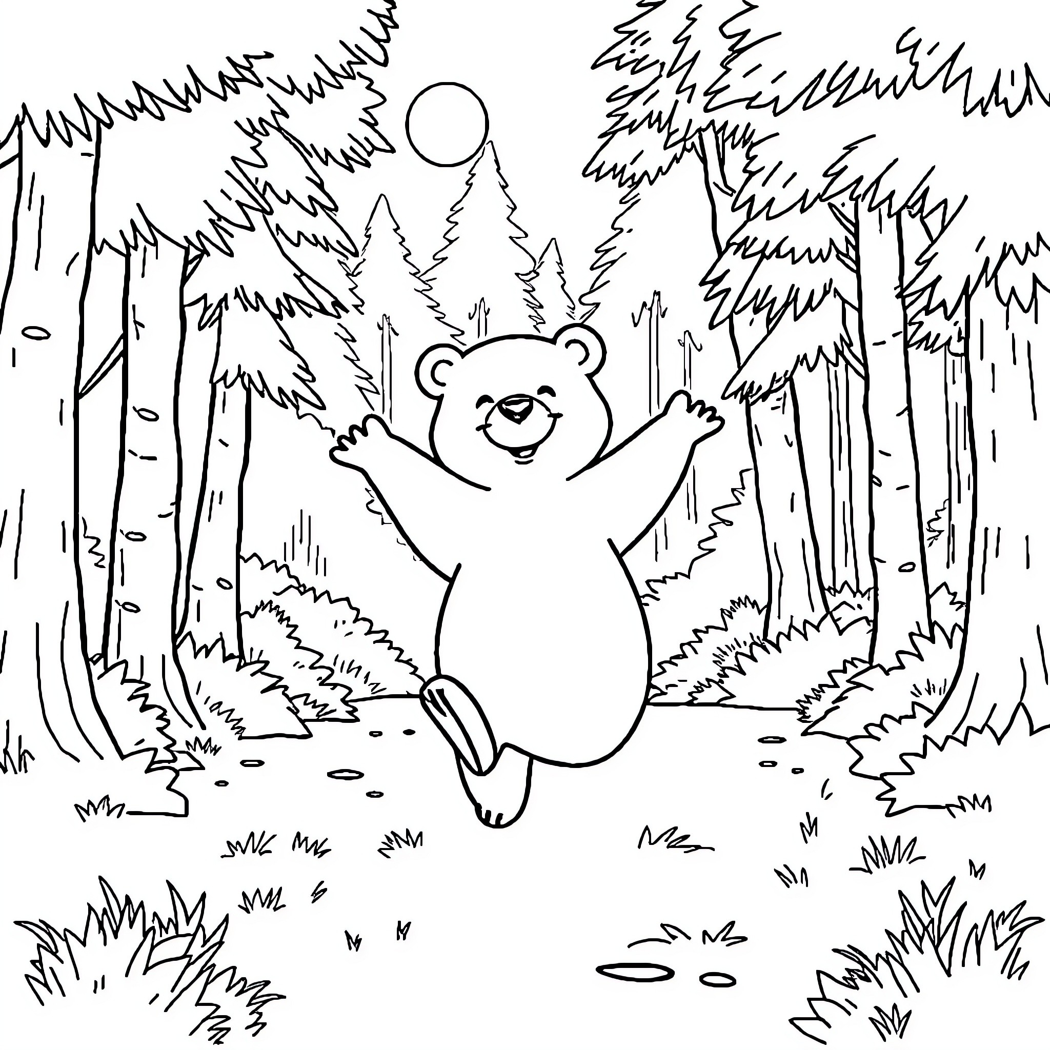 Bear playing joyfully in the forest Coloring Page (free black-and-white line drawing printable PDF for all, from beginners to advanced learners, including children, teens, adults, and seniors)