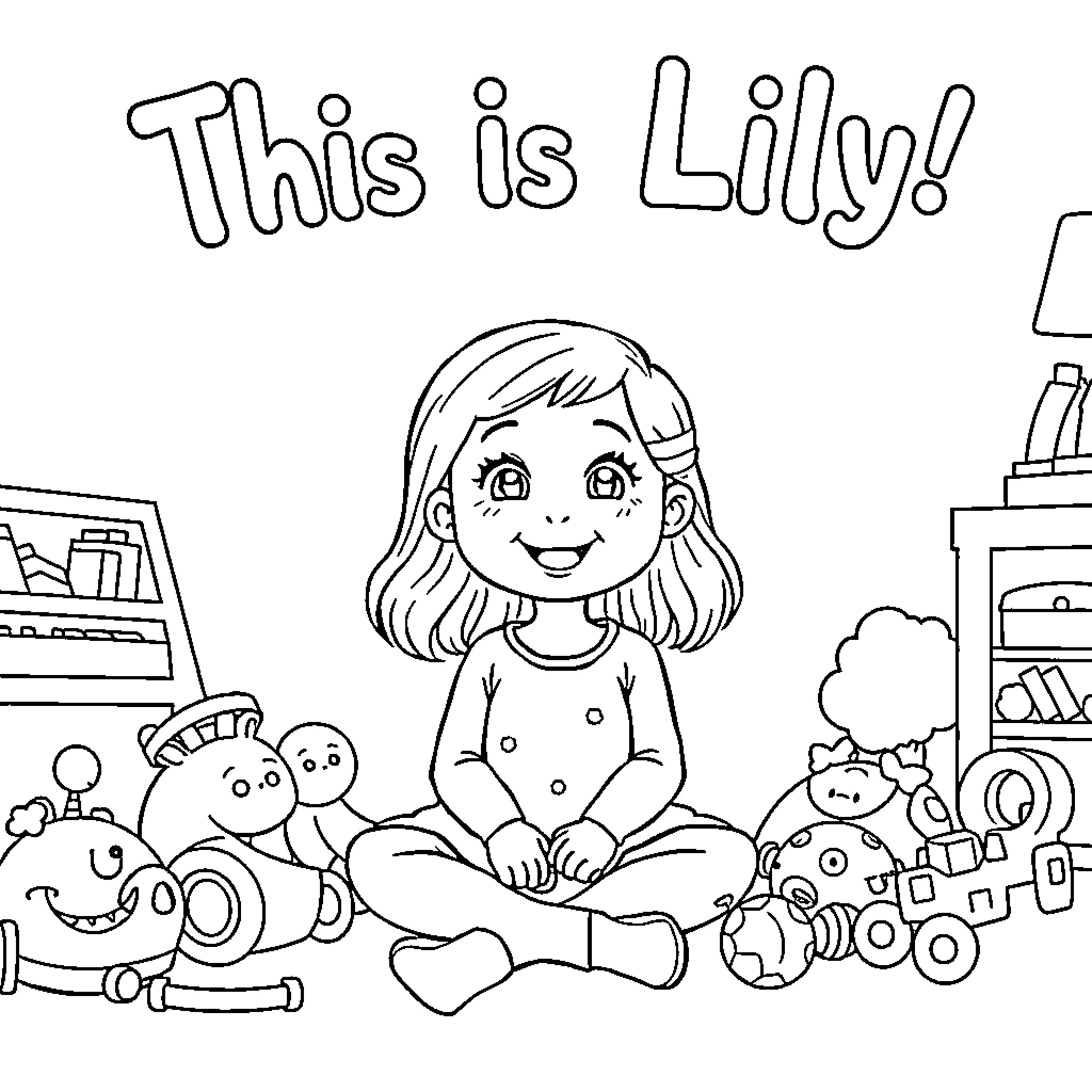 Lily surrounded by her favorite toys Coloring Page (free black-and-white line drawing printable PDF for all, from beginners to advanced learners, including children, teens, adults, and seniors)