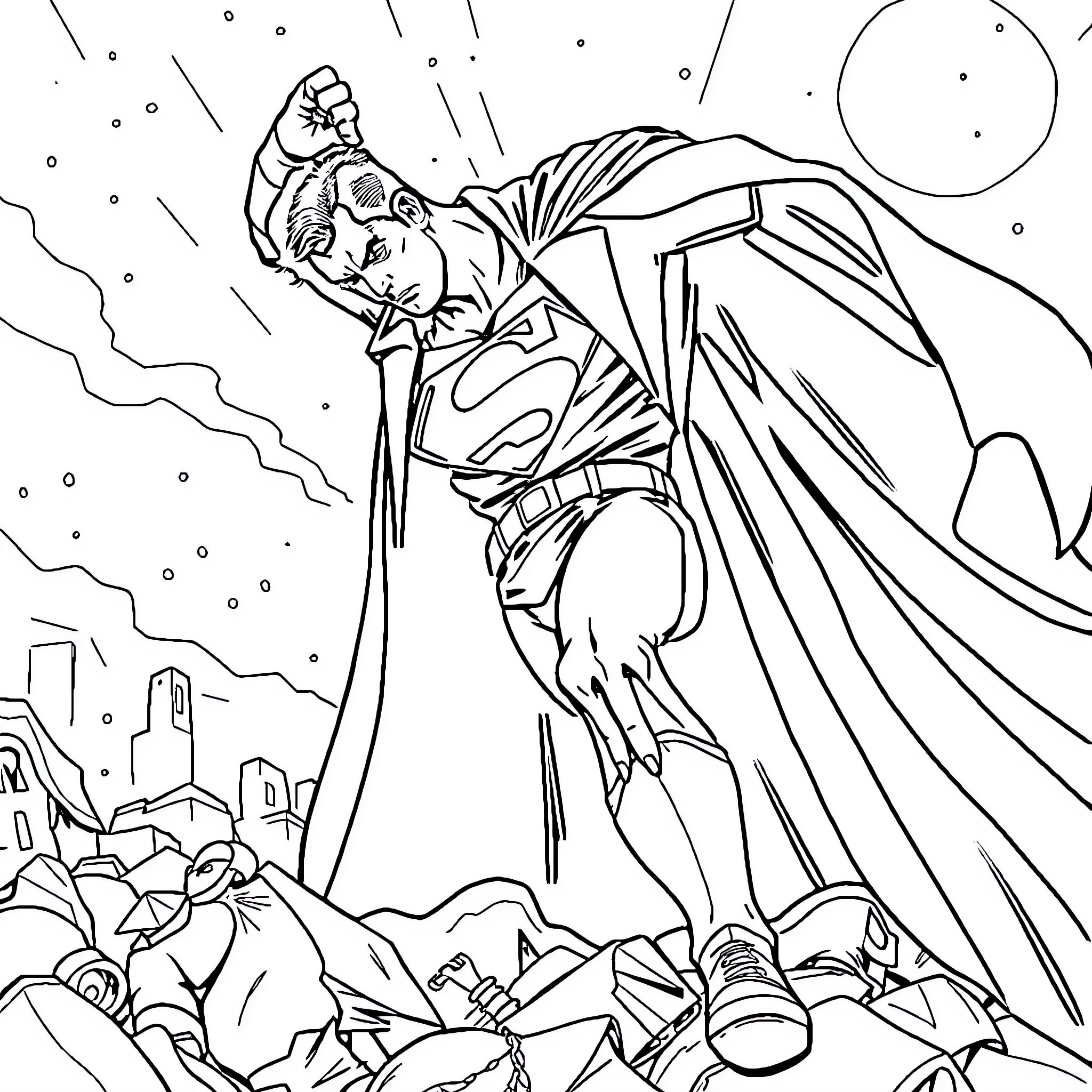 Barman heroically saving the city Coloring Page (free black-and-white line drawing printable PDF for all, from beginners to advanced learners, including children, teens, adults, and seniors)