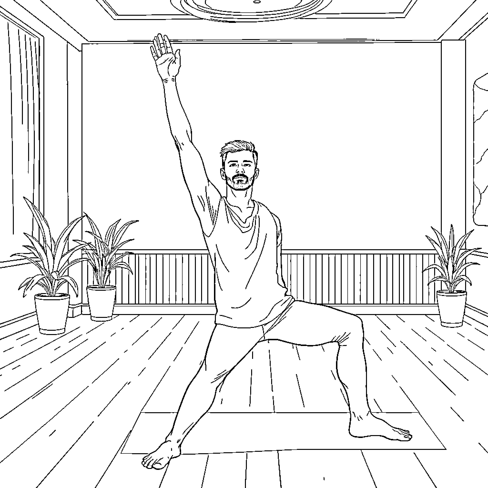Justin Timberlake performing joyful yoga pose in serene room Coloring Page (free black-and-white line drawing printable PDF for all, from beginners to advanced learners, including children, teens, adults, and seniors)