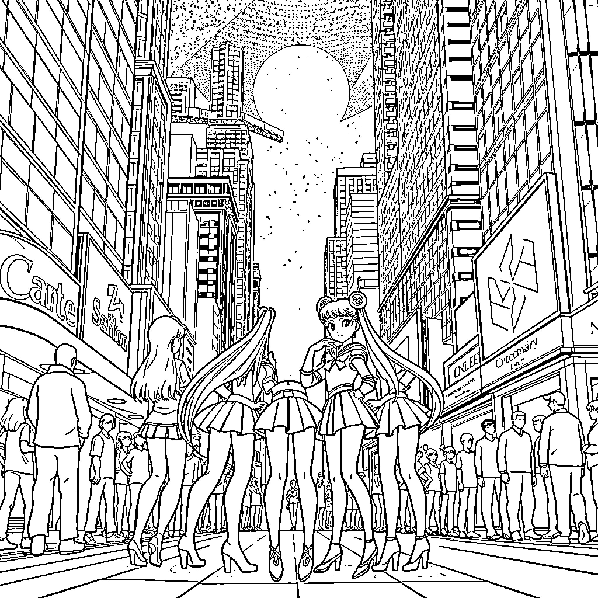 Sailormoon Heroines in a Bustling City Scene Coloring Page (free black-and-white line drawing printable PDF for all, from beginners to advanced learners, including children, teens, adults, and seniors)