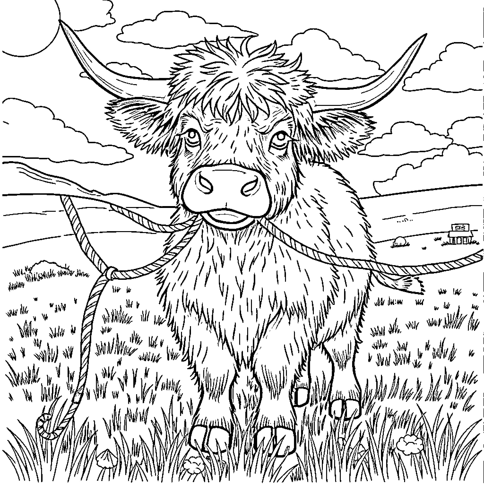 Highland Cow gazing curiously in a pastoral setting Coloring Page (free black-and-white line drawing printable PDF for all, from beginners to advanced learners, including children, teens, adults, and seniors)