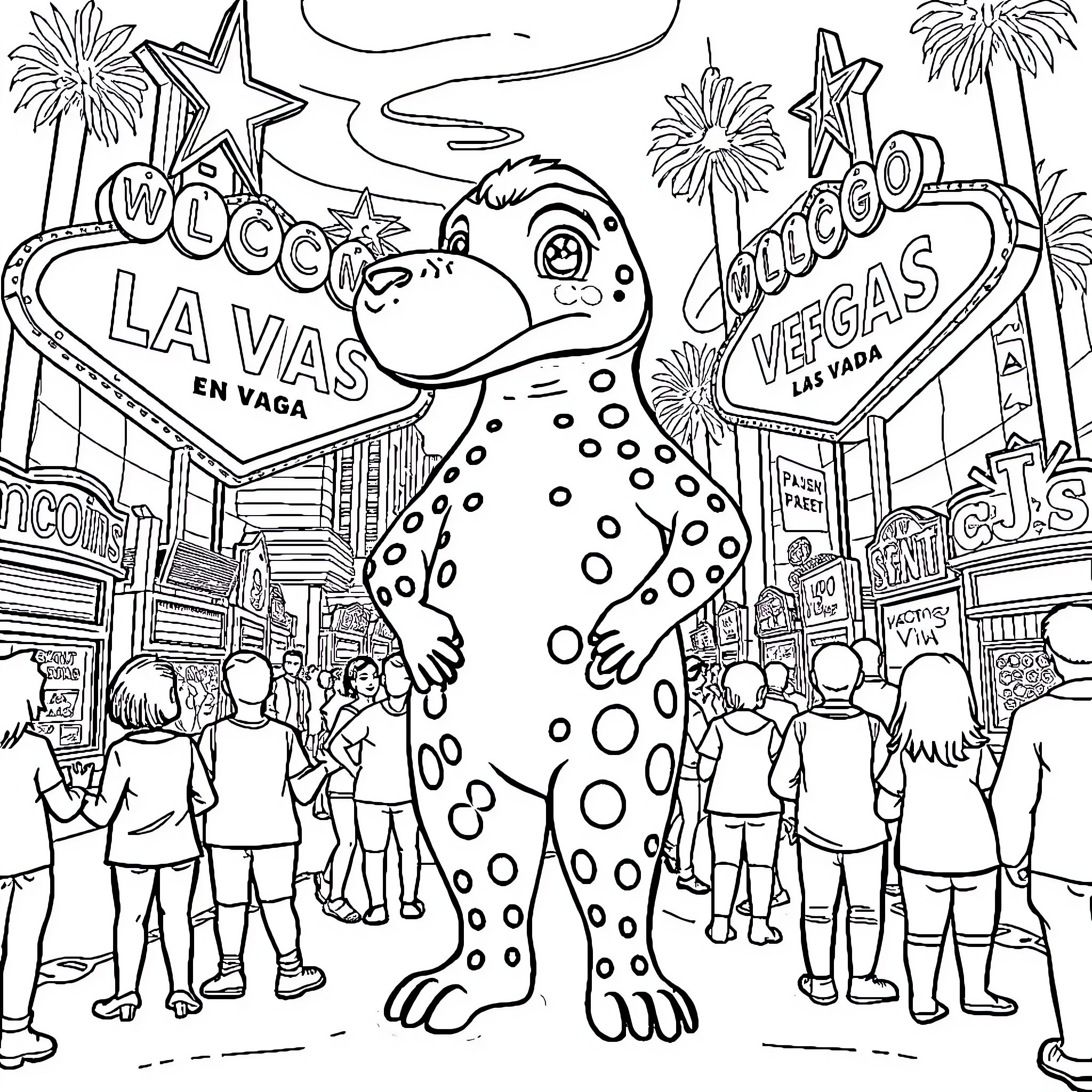Labubu explores the vibrant Las Vegas scenery Coloring Page (free black-and-white line drawing printable PDF for all, from beginners to advanced learners, including children, teens, adults, and seniors)