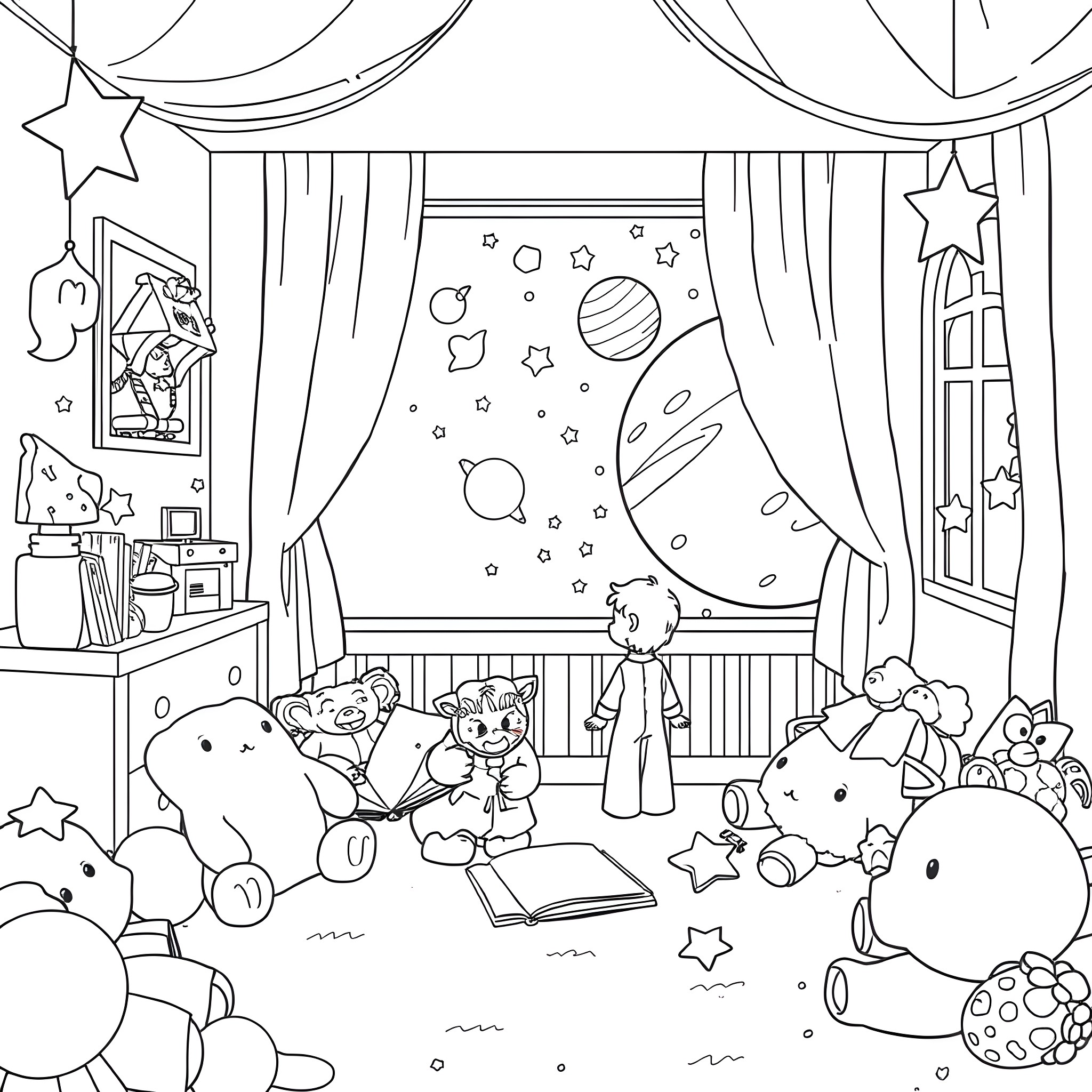 Little Prince's Cozy Bedroom with Starry Night View Coloring Page (free black-and-white line drawing printable PDF for all, from beginners to advanced learners, including children, teens, adults, and seniors)