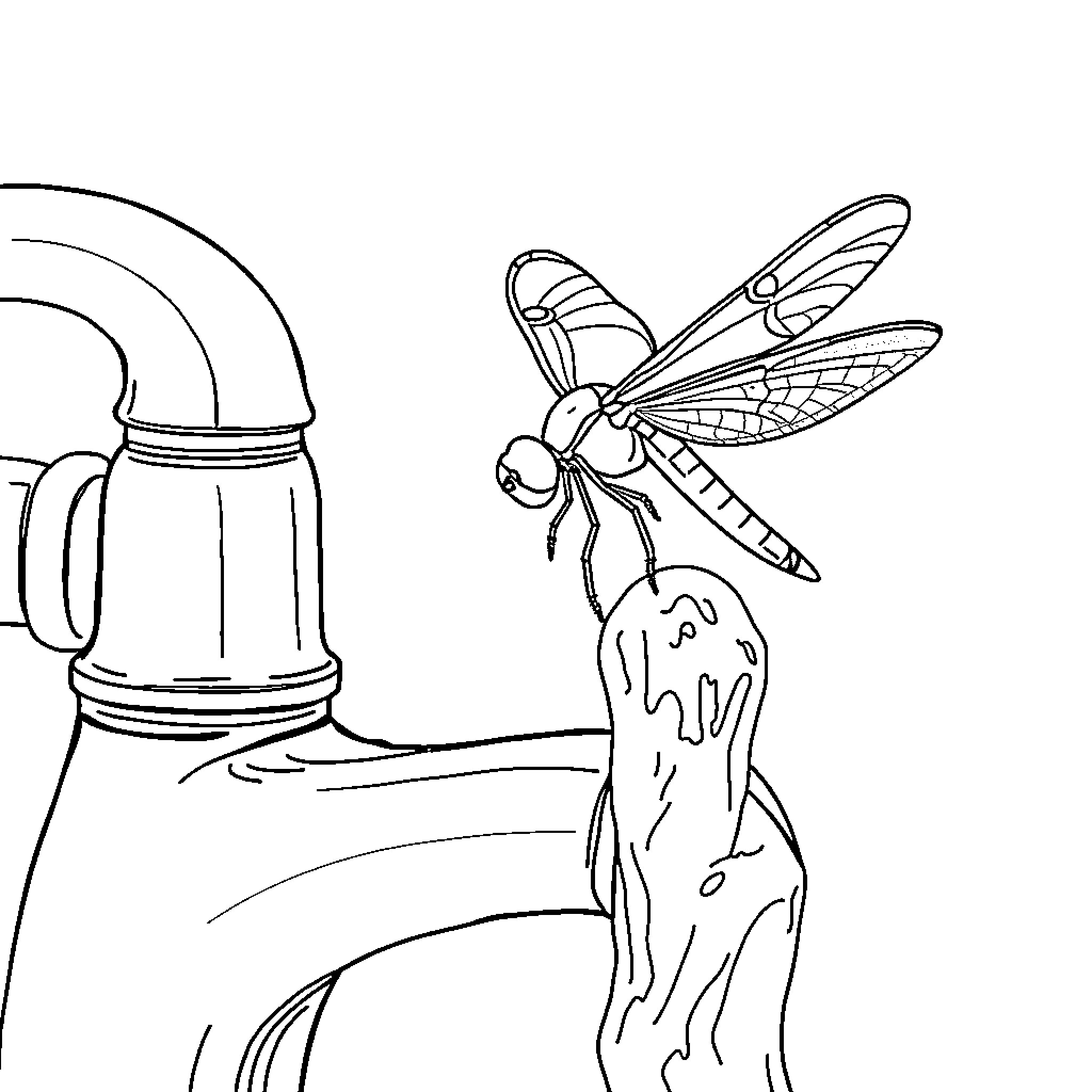 Dragonfly observing a garden sprinkler Coloring Page (free black-and-white line drawing printable PDF for all, from beginners to advanced learners, including children, teens, adults, and seniors)