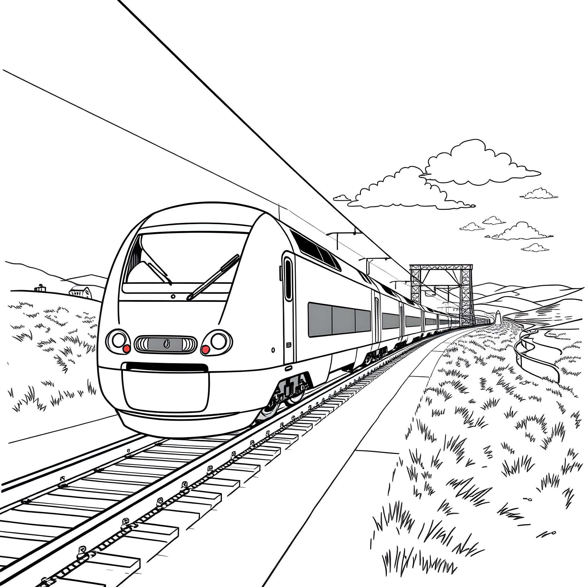 ICE Train speeding through scenic countryside Coloring Page (free black-and-white line drawing printable PDF for all, from beginners to advanced learners, including children, teens, adults, and seniors)