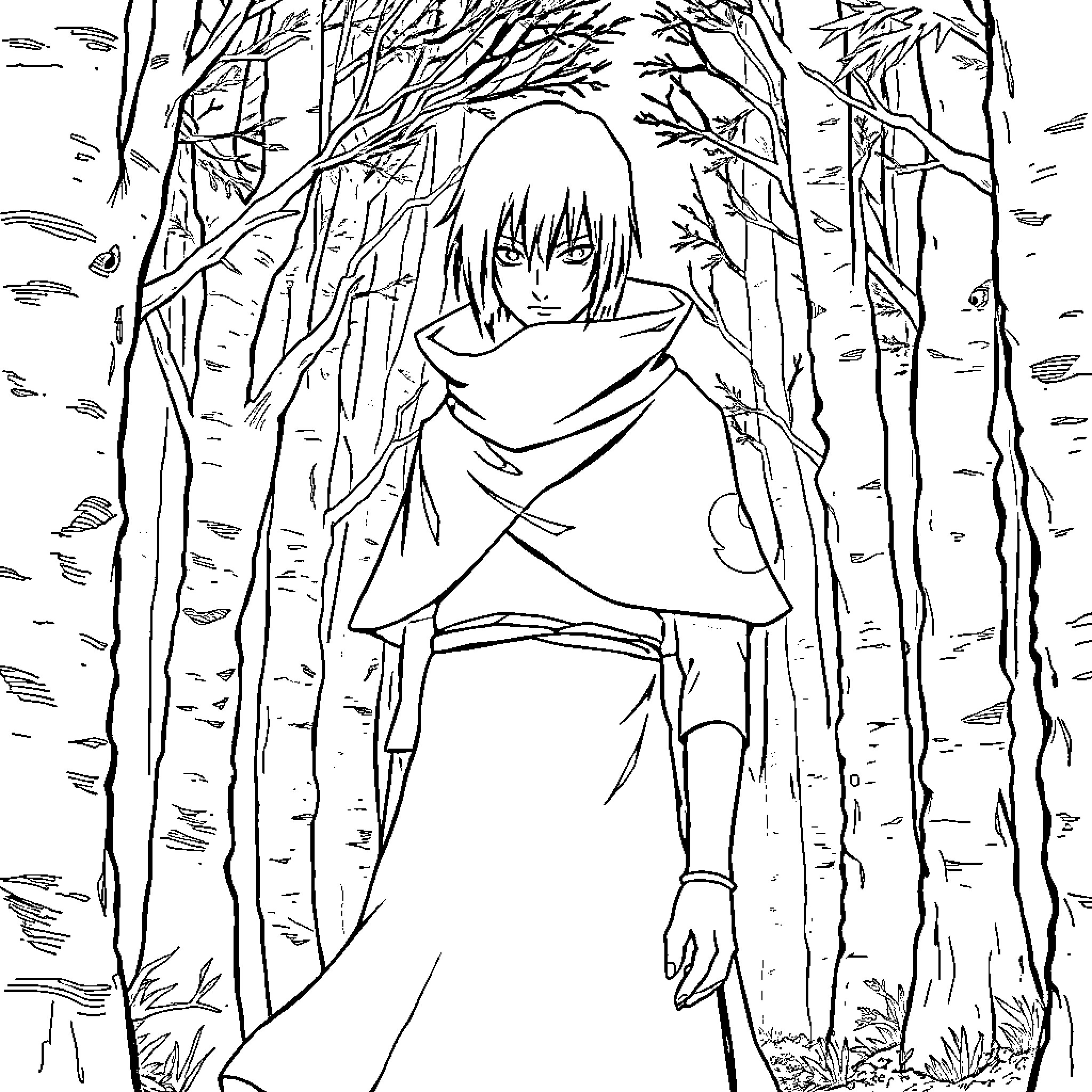 Itachi Uchiha walking solemnly through the forest Coloring Page (free black-and-white line drawing printable PDF for all, from beginners to advanced learners, including children, teens, adults, and seniors)