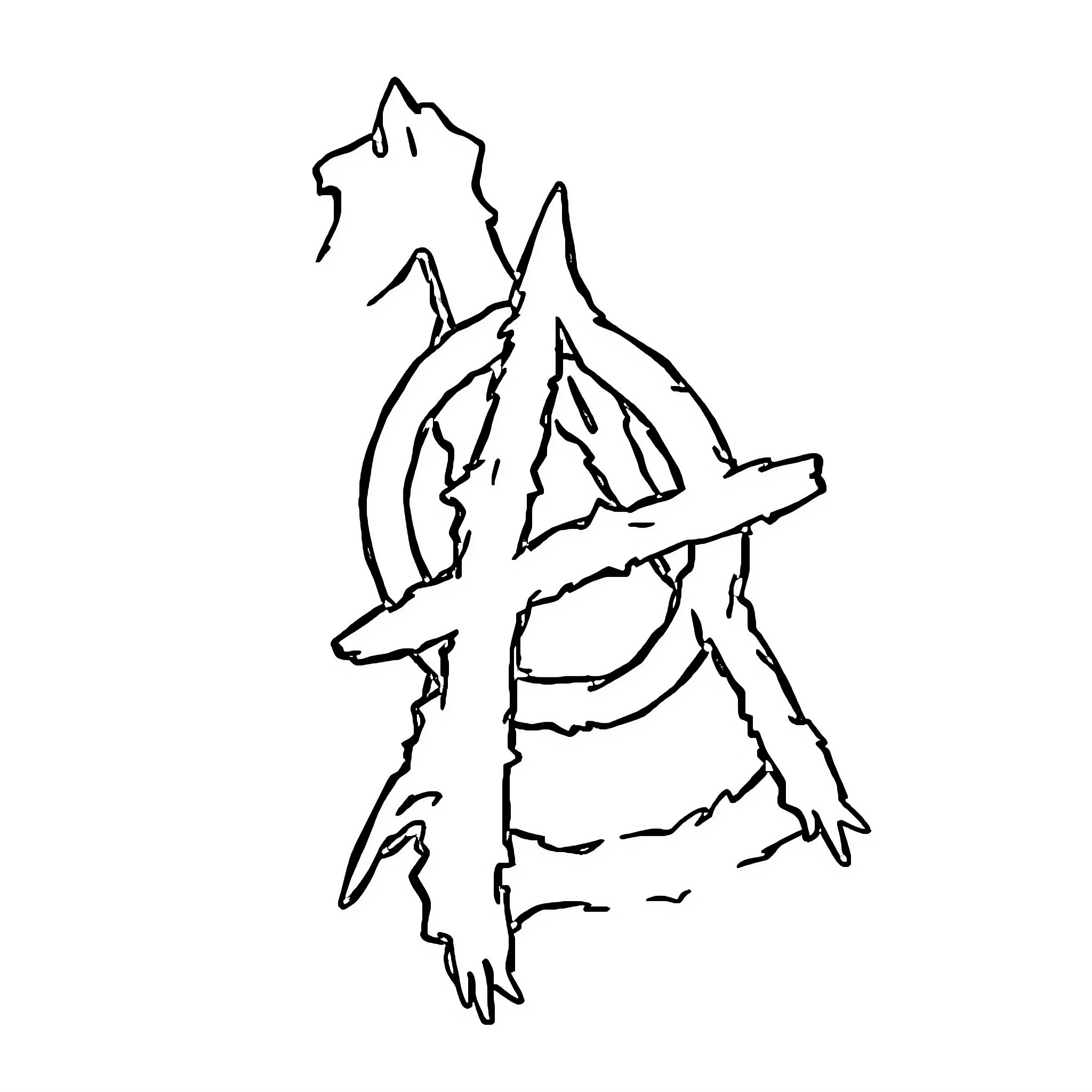 Anarchy symbol in abstract sketch style Coloring Page (free black-and-white line drawing printable PDF for all, from beginners to advanced learners, including children, teens, adults, and seniors)