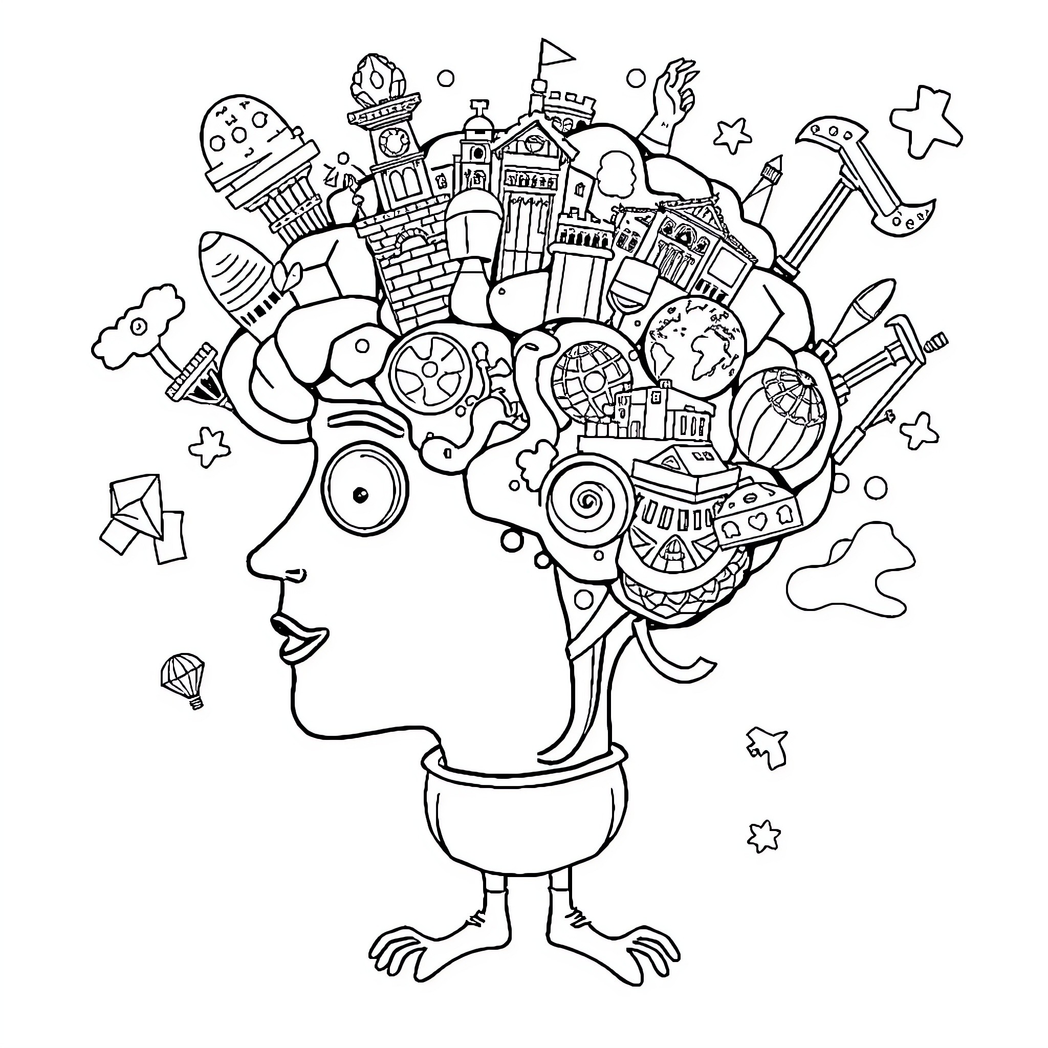 Brainrot Creature's Whimsical Imaginings Coloring Page (free black-and-white line drawing printable PDF for all, from beginners to advanced learners, including children, teens, adults, and seniors)