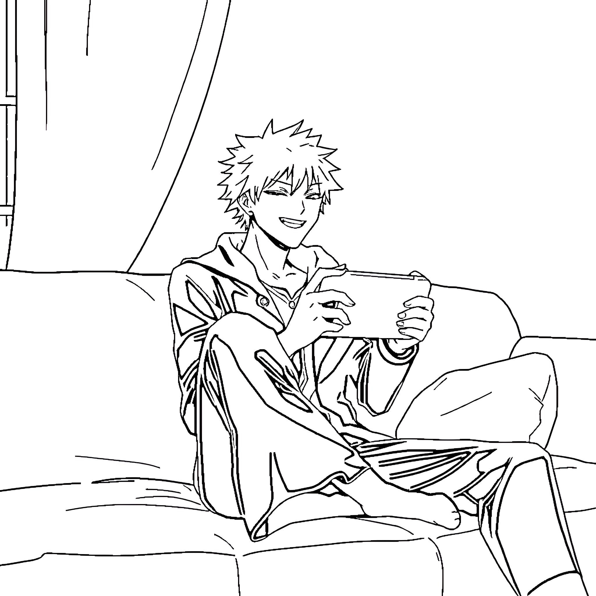 Ichigo Kurosaki relaxing and using a smartphone Coloring Page (free black-and-white line drawing printable PDF for all, from beginners to advanced learners, including children, teens, adults, and seniors)