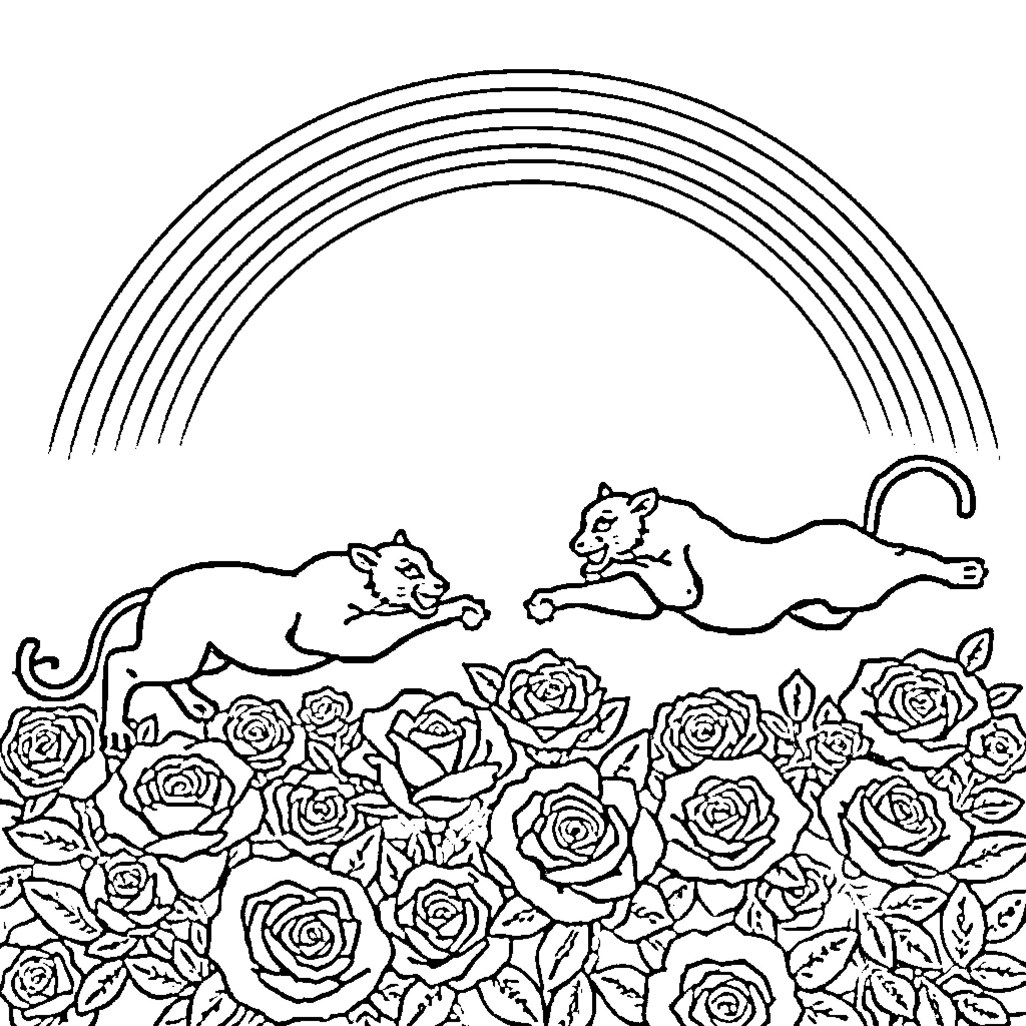 Panther chasing through rose garden under rainbow Coloring Page (free black-and-white line drawing printable PDF for all, from beginners to advanced learners, including children, teens, adults, and seniors)