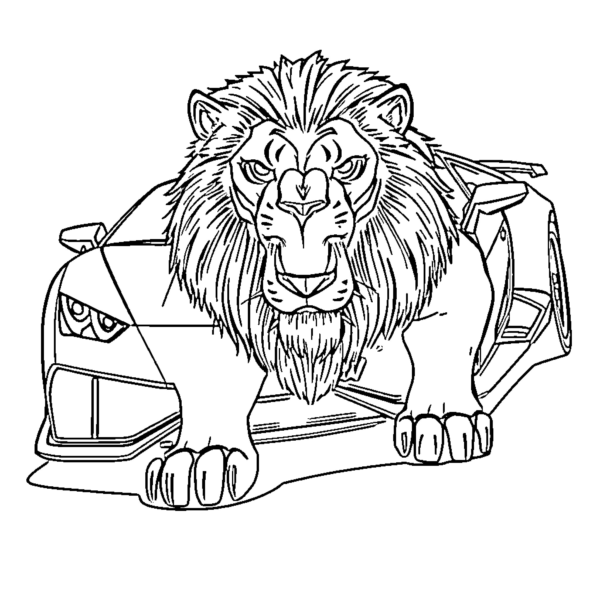 Lamborghini lion ferociously guarding luxury sports car Coloring Page (free black-and-white line drawing printable PDF for all, from beginners to advanced learners, including children, teens, adults, and seniors)