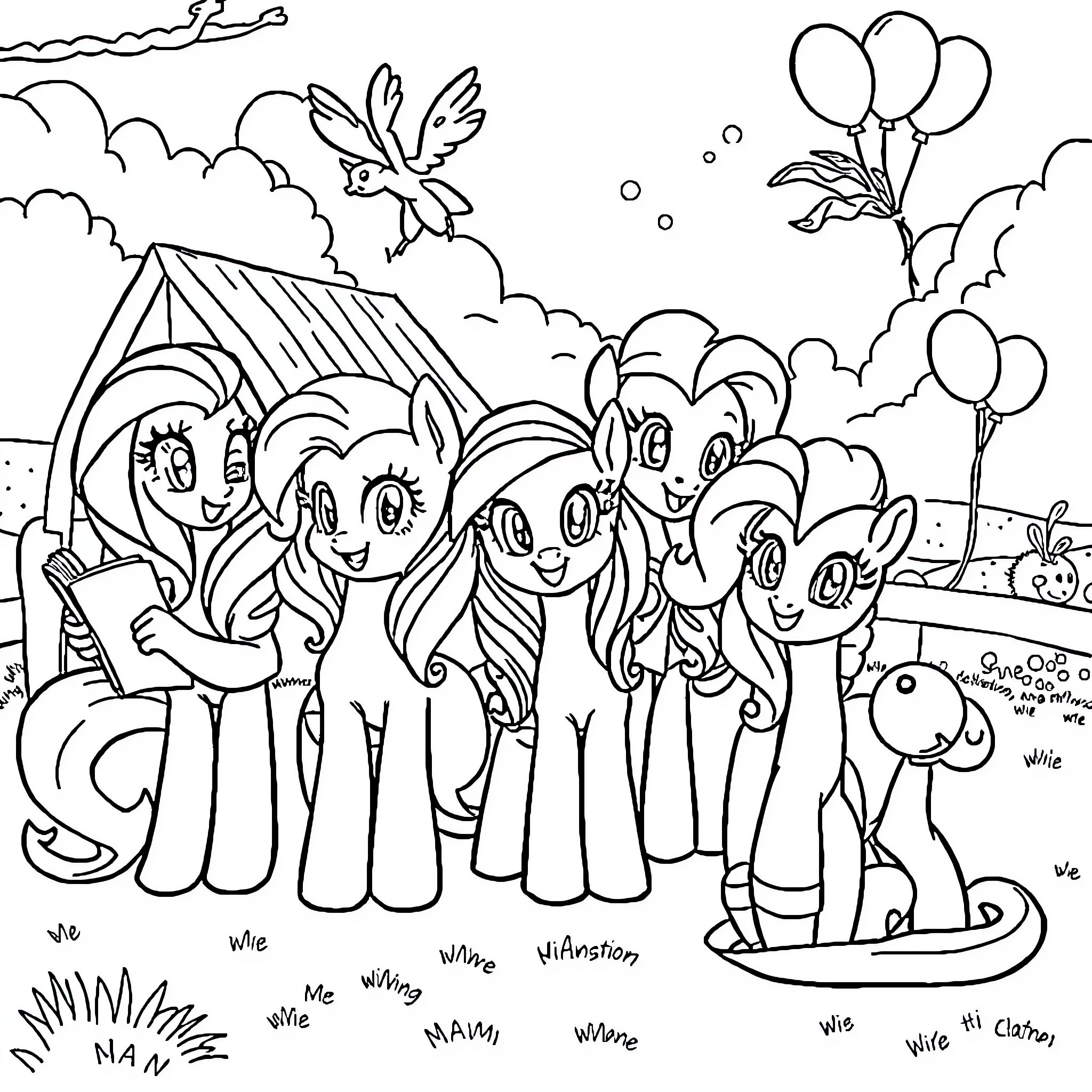 Pony friends gather for a celebration Coloring Page (free black-and-white line drawing printable PDF for all, from beginners to advanced learners, including children, teens, adults, and seniors)