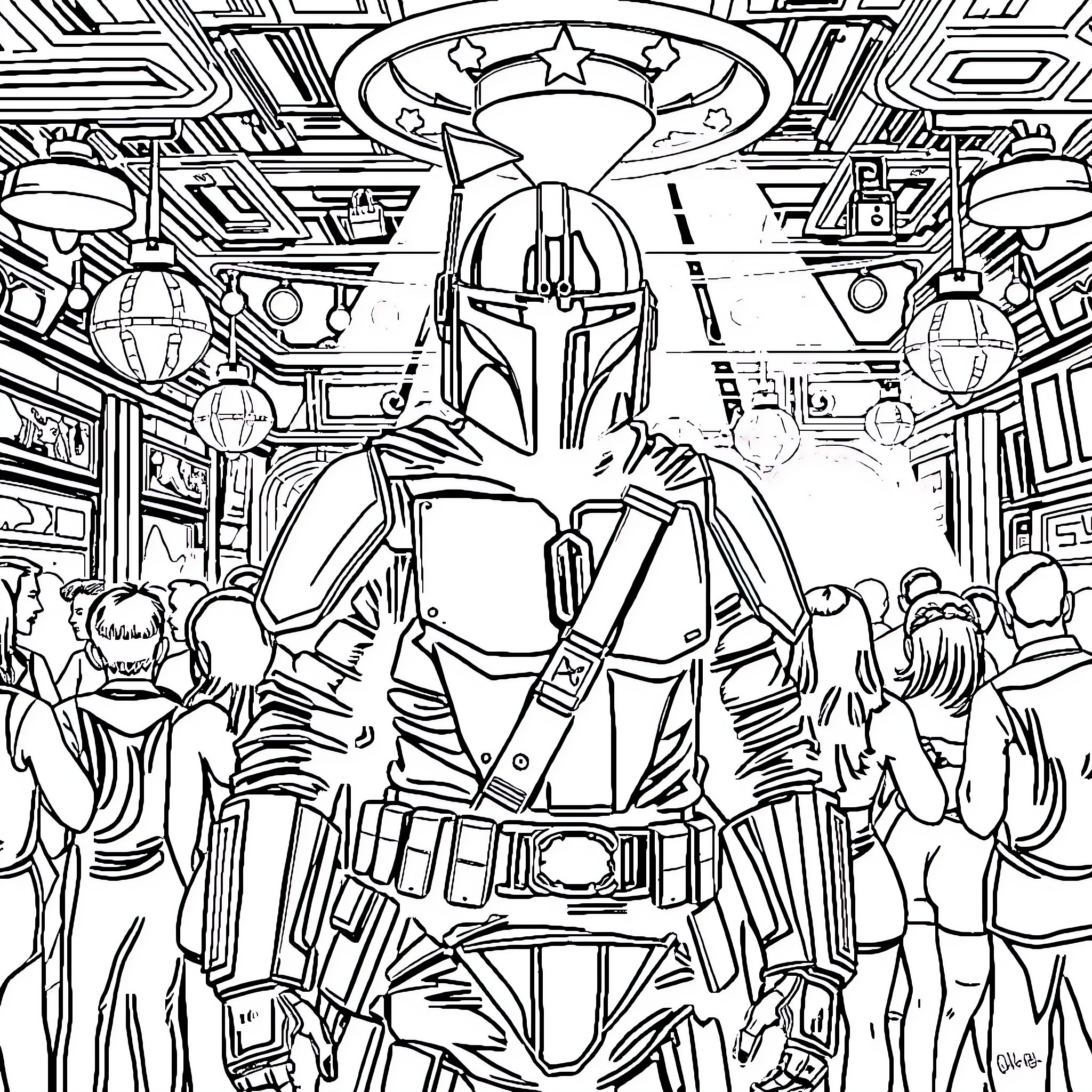 Mandalorian bounty hunter in action-packed space setting Coloring Page (free black-and-white line drawing printable PDF for all, from beginners to advanced learners, including children, teens, adults, and seniors)