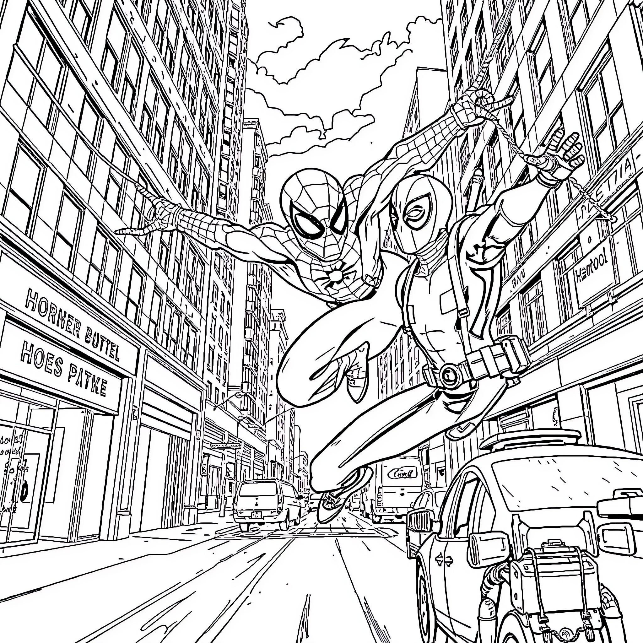Spiderman swinging through the city streets Coloring Page (free black-and-white line drawing printable PDF for all, from beginners to advanced learners, including children, teens, adults, and seniors)