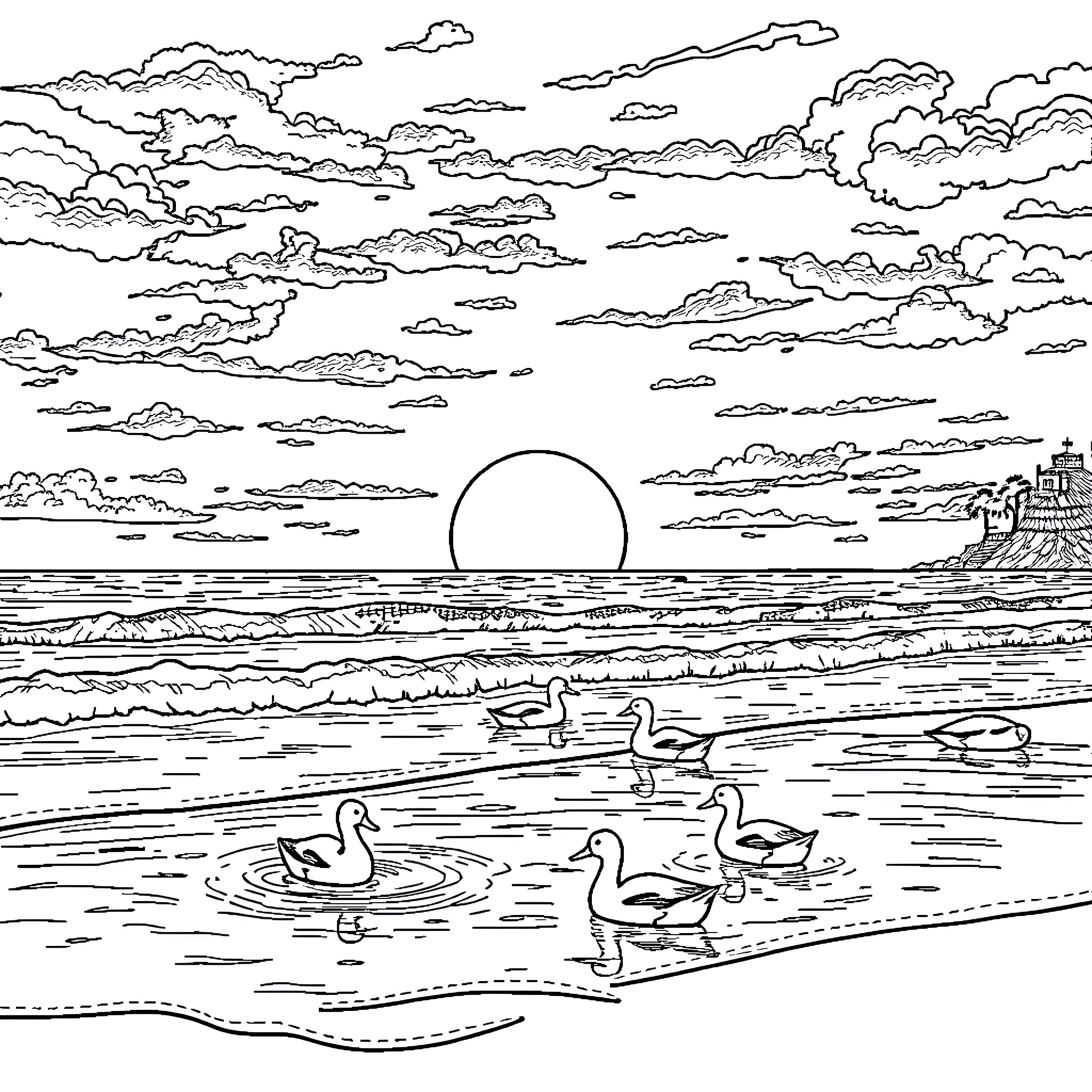 Ducks swimming peacefully in the sunset ocean Coloring Page (free black-and-white line drawing printable PDF for all, from beginners to advanced learners, including children, teens, adults, and seniors)